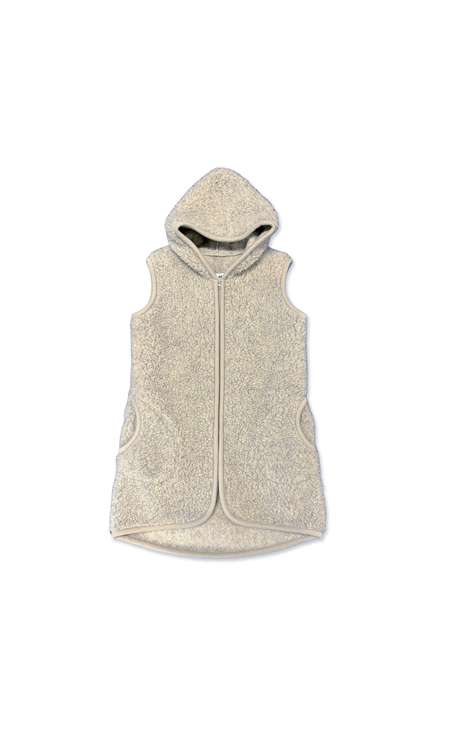 Plümo- Long Rambler Gilet in light grey sherpa fleece with hood, front zipper, and side pockets on a white background.
