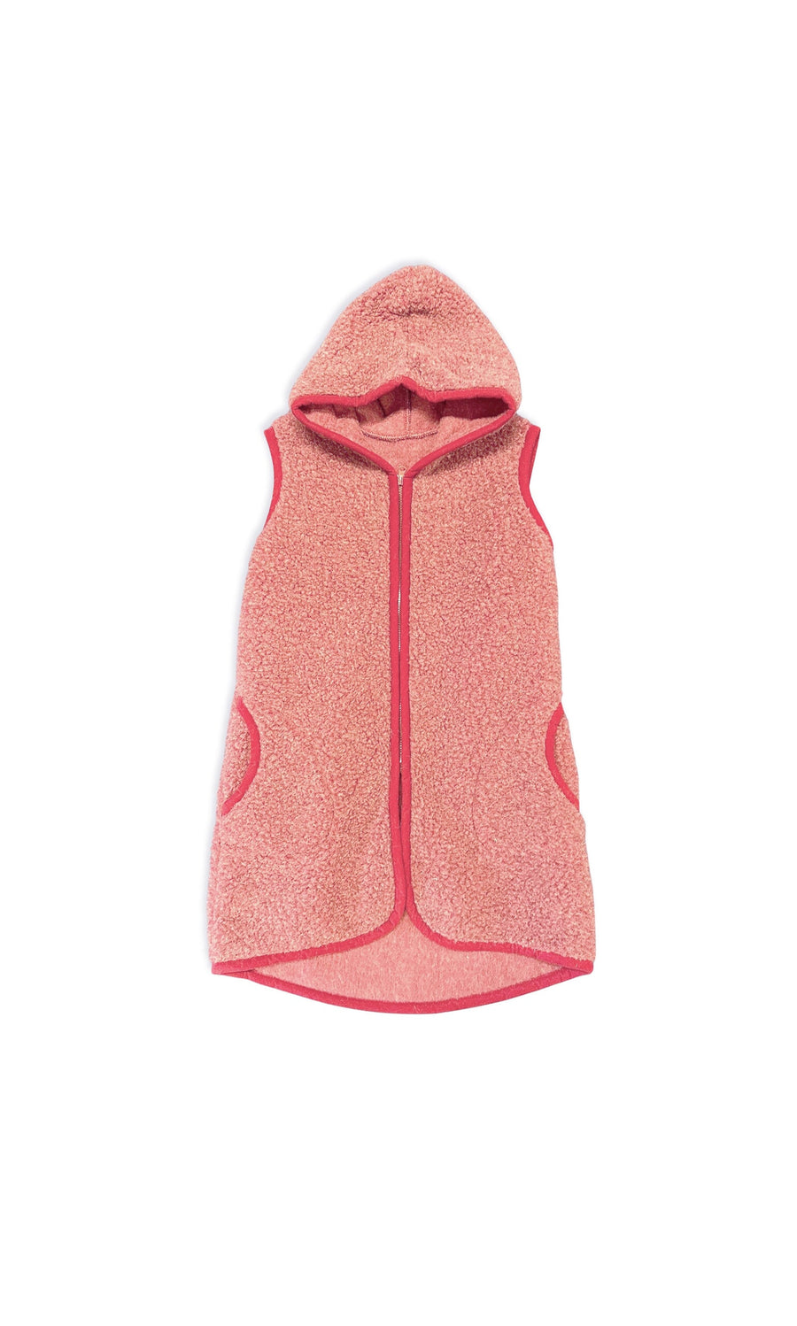 Plümo- Long Rambler Gilet - Raspberry: sleeveless lightweight fleece hooded vest with zipper and pockets, shown flat on white.