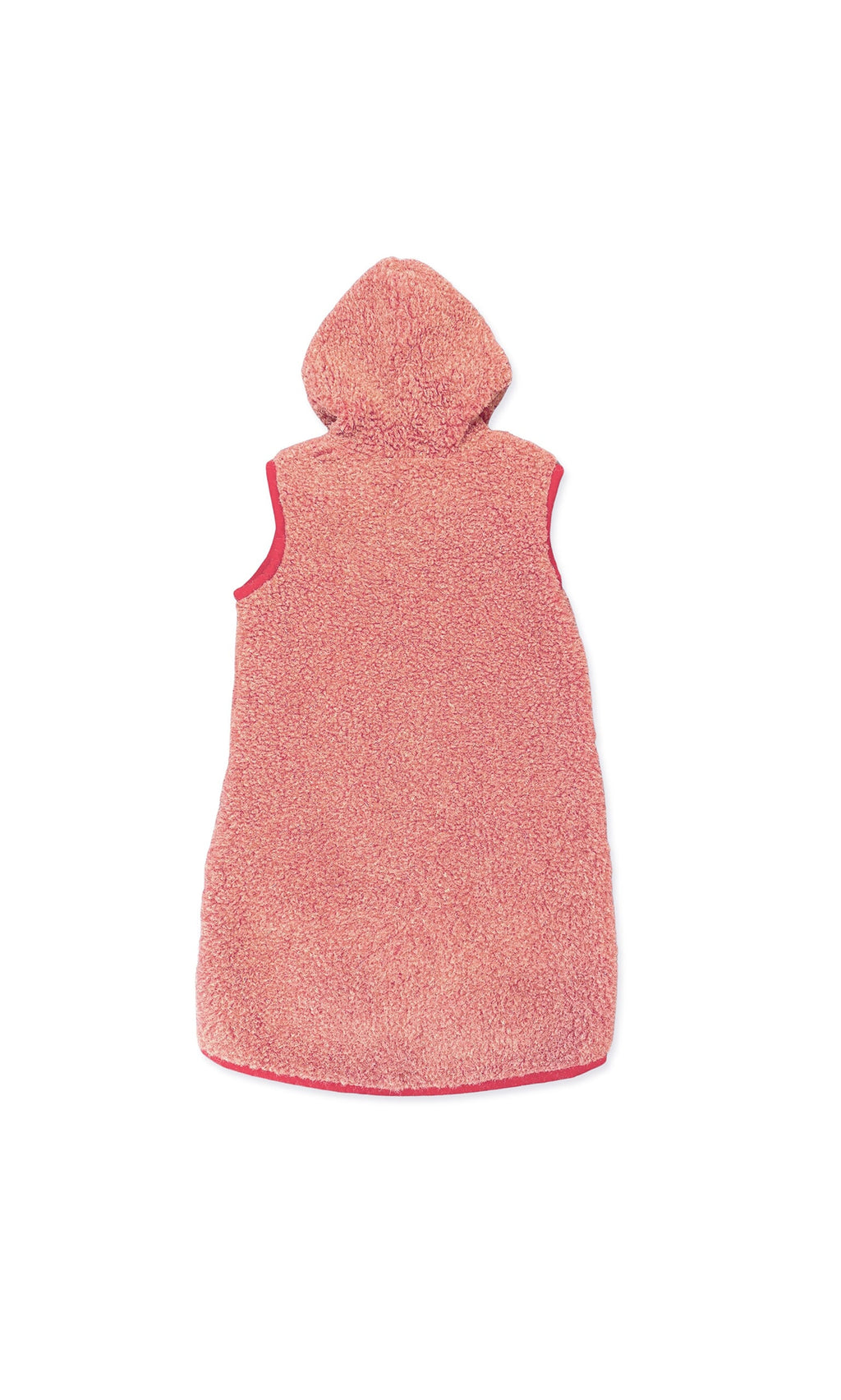 Plümo- Long Rambler Gilet - Raspberry: Pink sleeveless sherpa vest with red trim, inspired by a lightweight fleece gilet.