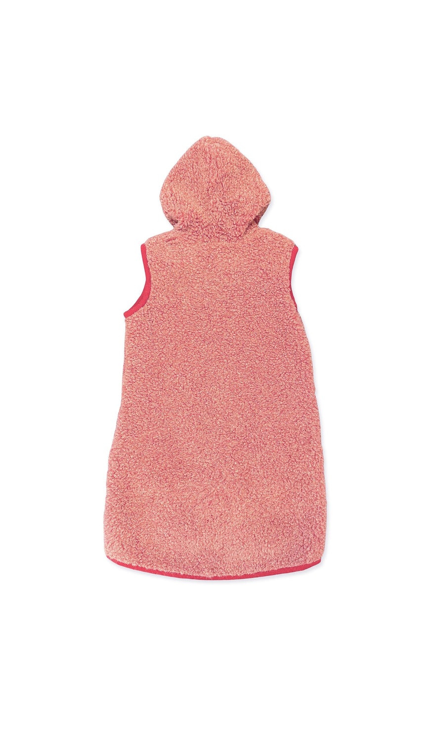 Plümo- Long Rambler Gilet - Raspberry: Pink sleeveless sherpa vest with red trim, inspired by a lightweight fleece gilet.