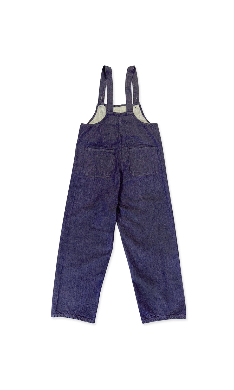Plümo- Loxie Dungarees in dark blue denim feature wide legs, adjustable straps, and two large back pockets on a white background.