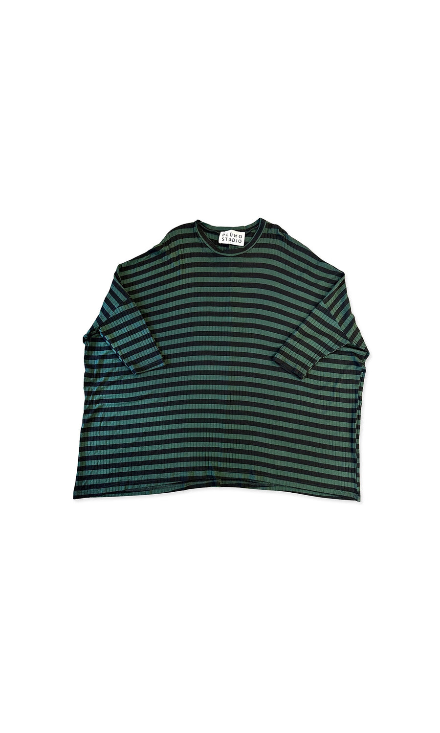 Plümo- Lucie Top in green and black ribbed stripes, short sleeves, oversized fit, shown laid flat on a white background.