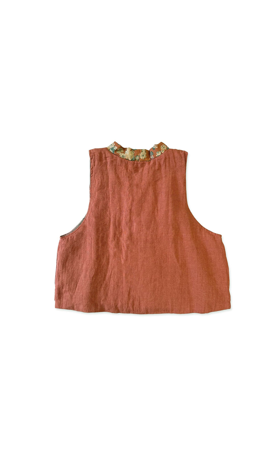 Plümo- Ludo Waistcoat in rust linen, one size, with a floral-trimmed neckline, shown flat on a white background.