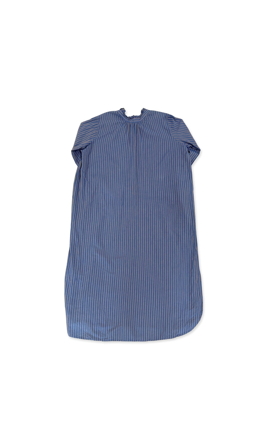 Plümo- Marina Stripe Dress—short-sleeved, knee-length, with blue stripes—displayed flat on a white background.