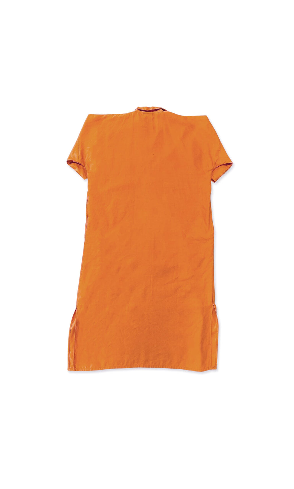 Plümo- Marion Dress: short-sleeve orange dress with relaxed silhouette, shown from the back on a white background.
