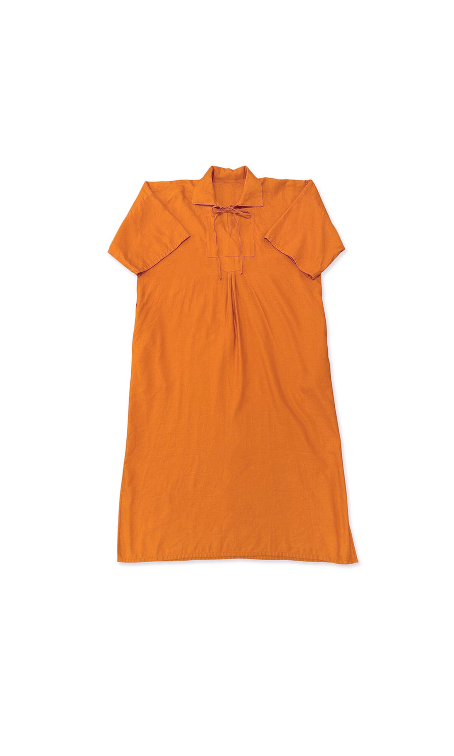 Plümo- Marion Dress: orange cotton with collar and front tie, relaxed fit, shown flat on a white background.
