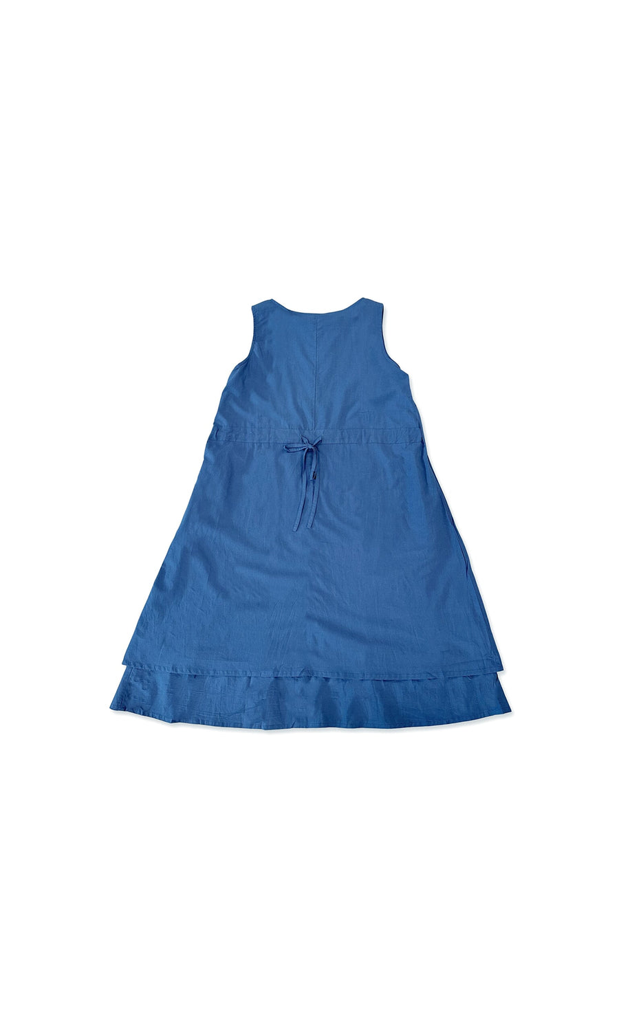 Plümo- Marlowe Dress: Sleeveless blue voile with tie-back, flared skirt, and ruffled hem for an adjustable fit.