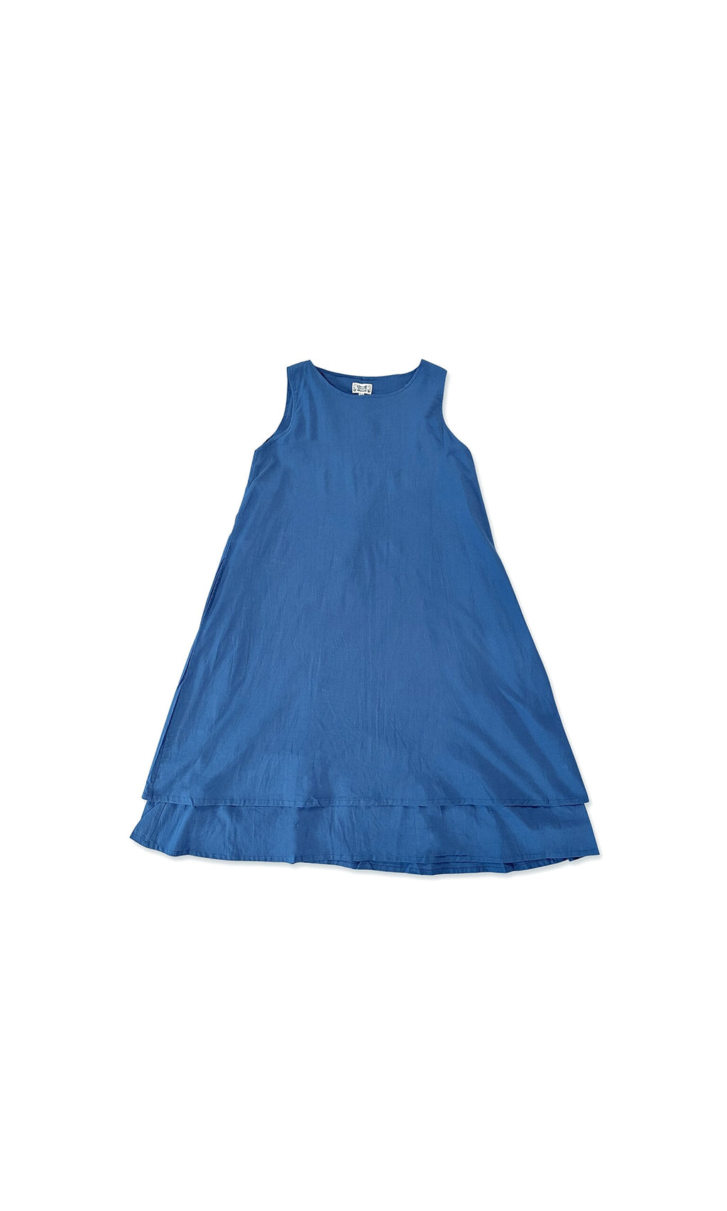 Plümo- Marlowe Dress: Sleeveless blue voile with ruffled hem and adjustable waist, laid flat on a white background.