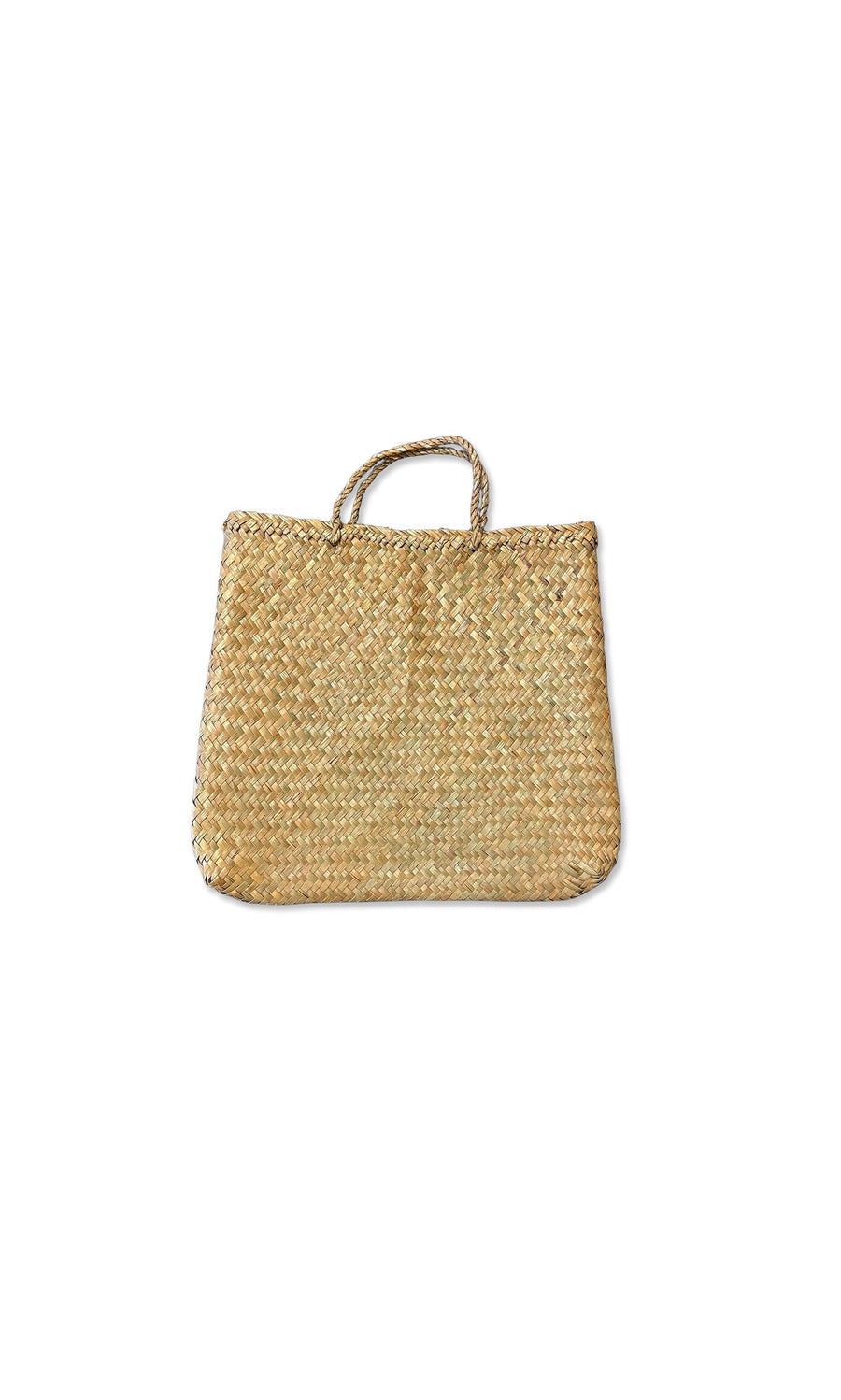 Plümo- Palm Leaf Woven Bag - Small with short handles, made from lightweight straw, shown on a white background.