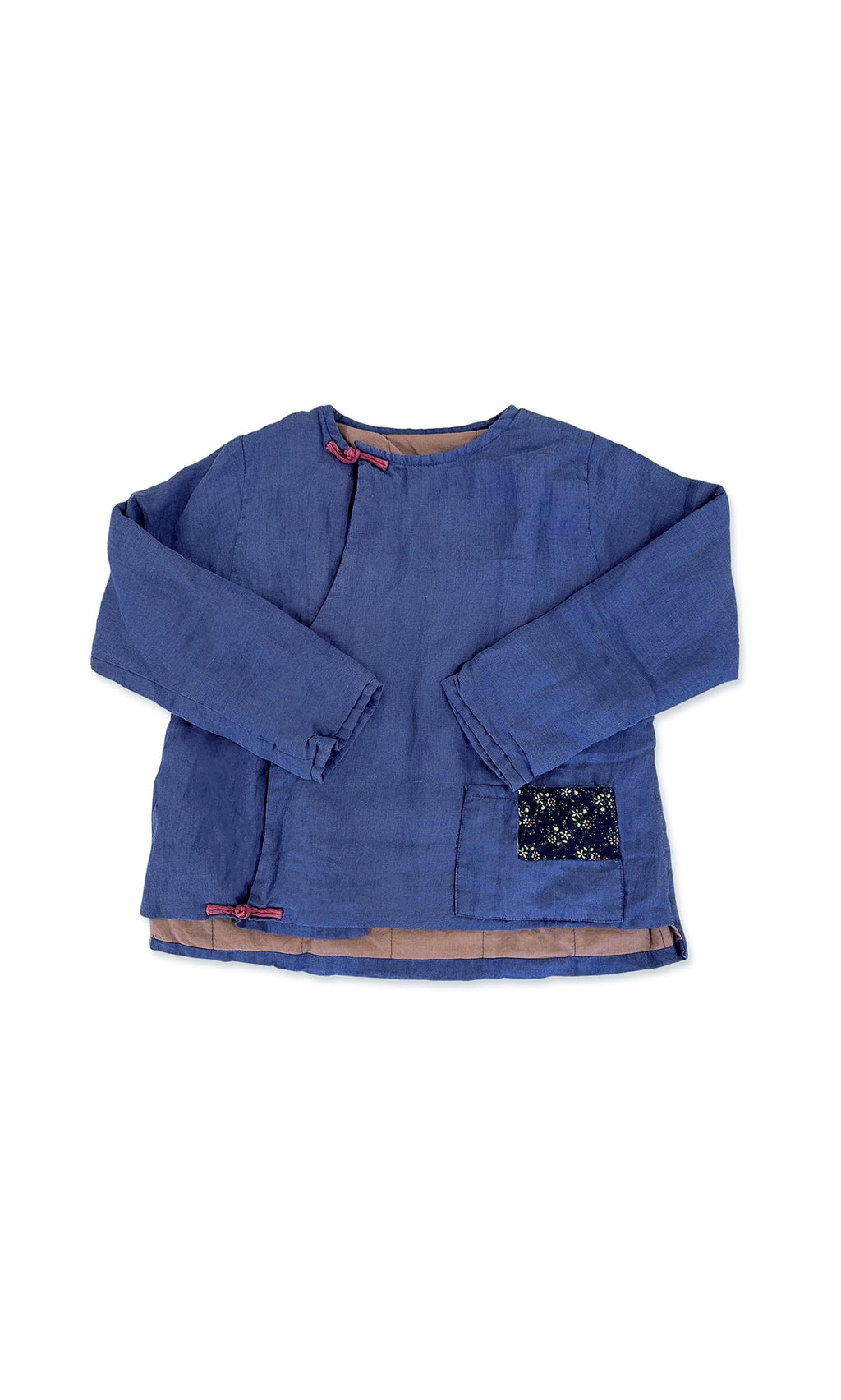 Plümo- Minara Jacket: Washed blue, long sleeves, front patch pocket, red bow accents, linen shirt style.