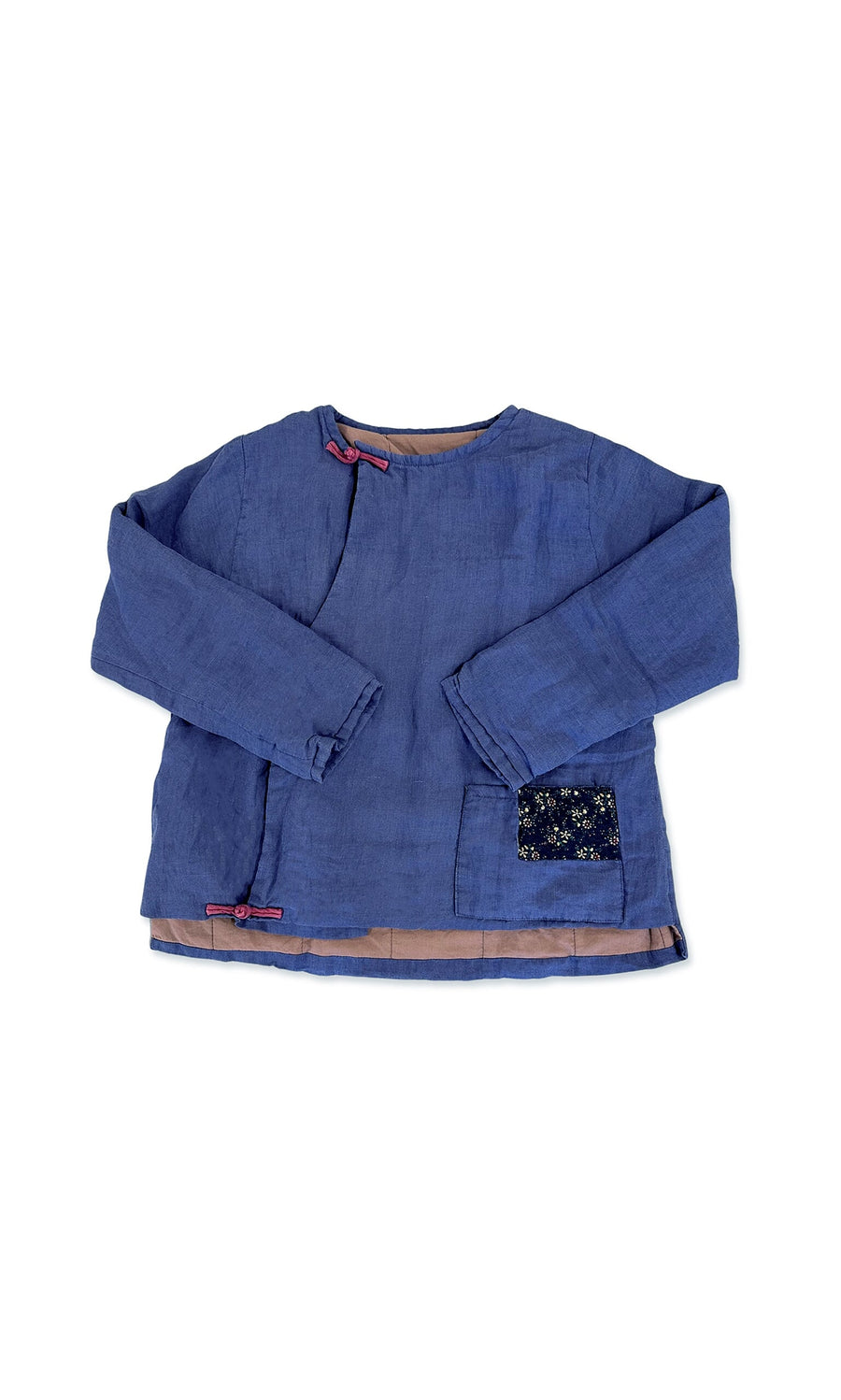 Plümo- Minara Jacket: Washed blue, long sleeves, front patch pocket, red bow accents, linen shirt style.
