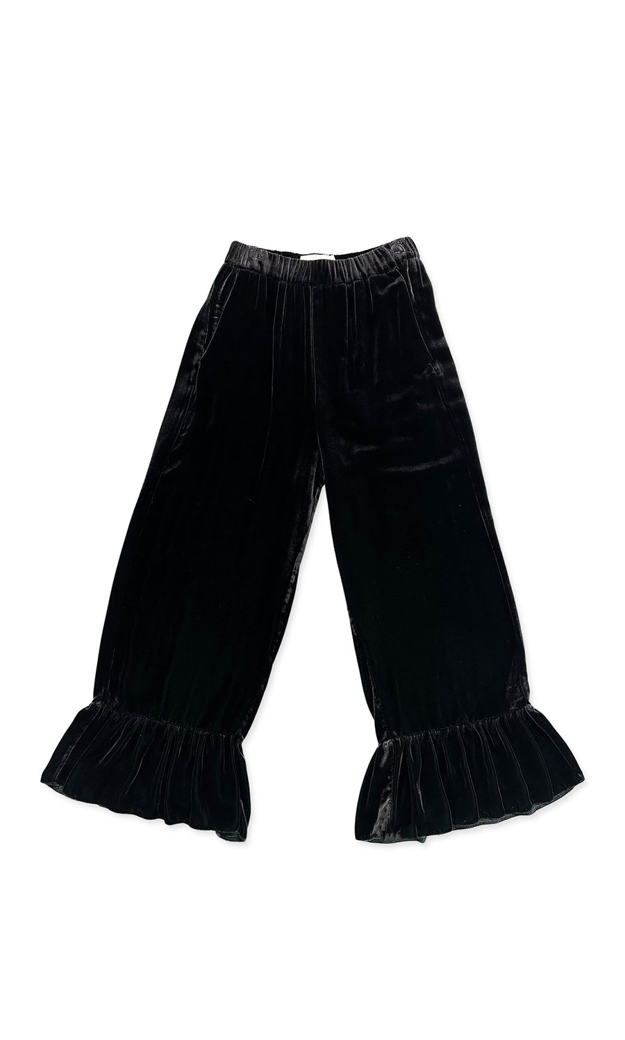 Plümo- Molly Velvet Pants: black silk velvet wide-leg trousers with oversized ruffle hems on a white background.