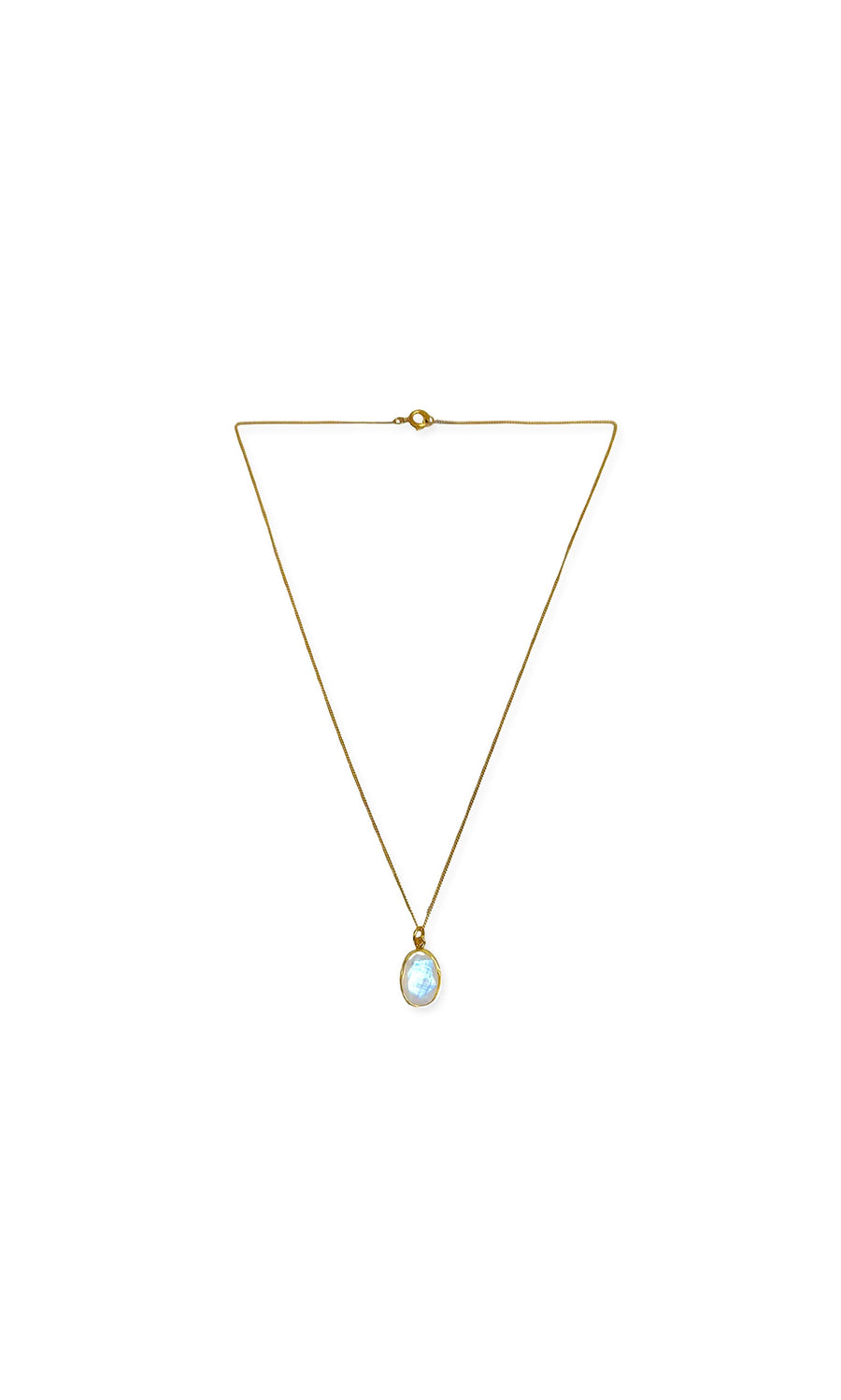Plümo- Quartz Necklace with a gold link chain and round rainbow moonstone pendant on a white background.