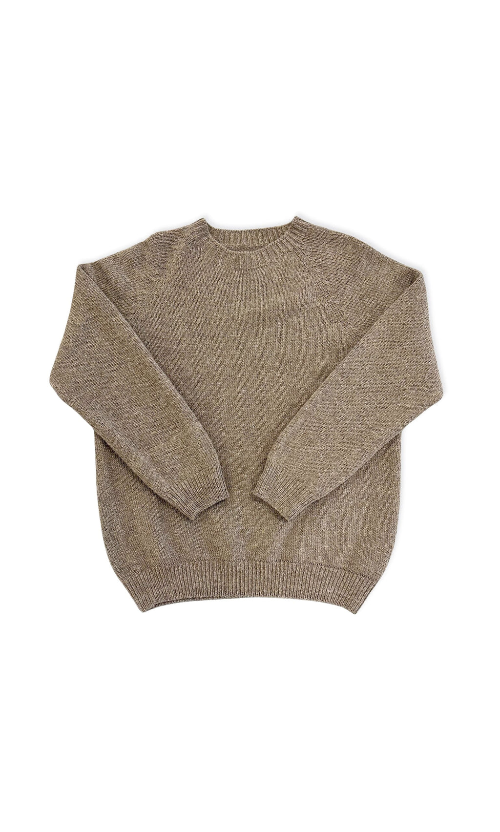 Plümo- The Mossie Jumper is a brown wool knit with long sleeves and a relaxed fit, shown flat on a white background.