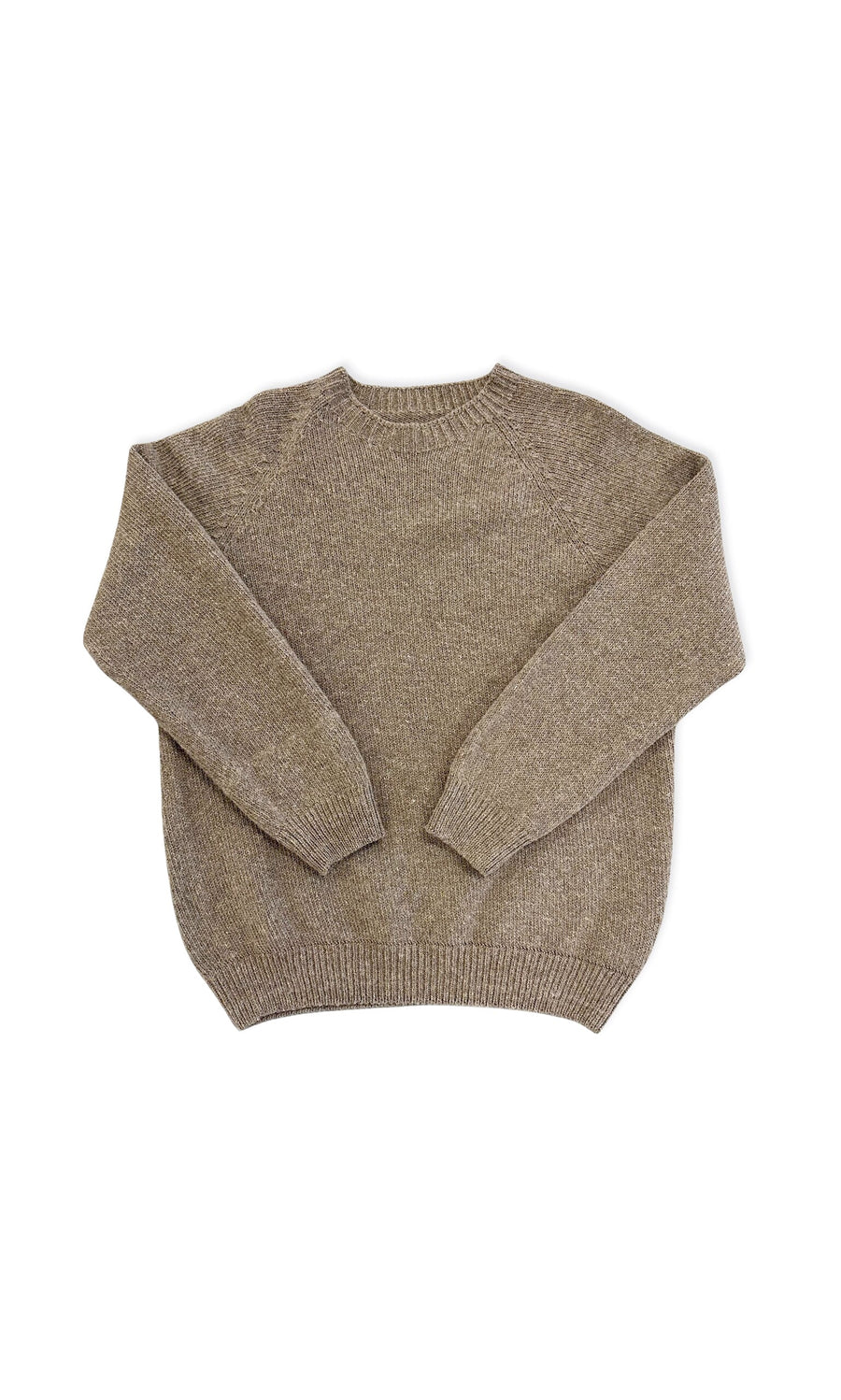 Plümo- The Mossie Jumper is a brown wool knit with long sleeves and a relaxed fit, shown flat on a white background.