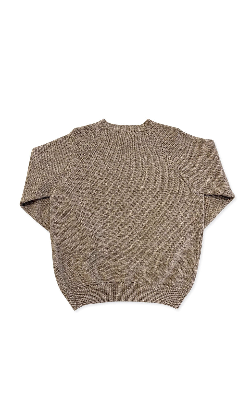 Plümo- Mossie Jumper in brown wool, relaxed fit, short sleeves, ribbed hem and cuffs, shown flat from the back.