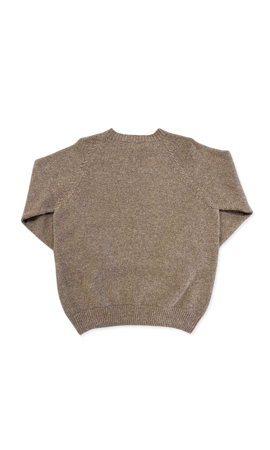 Plümo- Mossie Jumper in brown wool, relaxed fit, short sleeves, ribbed hem and cuffs, shown flat from the back.