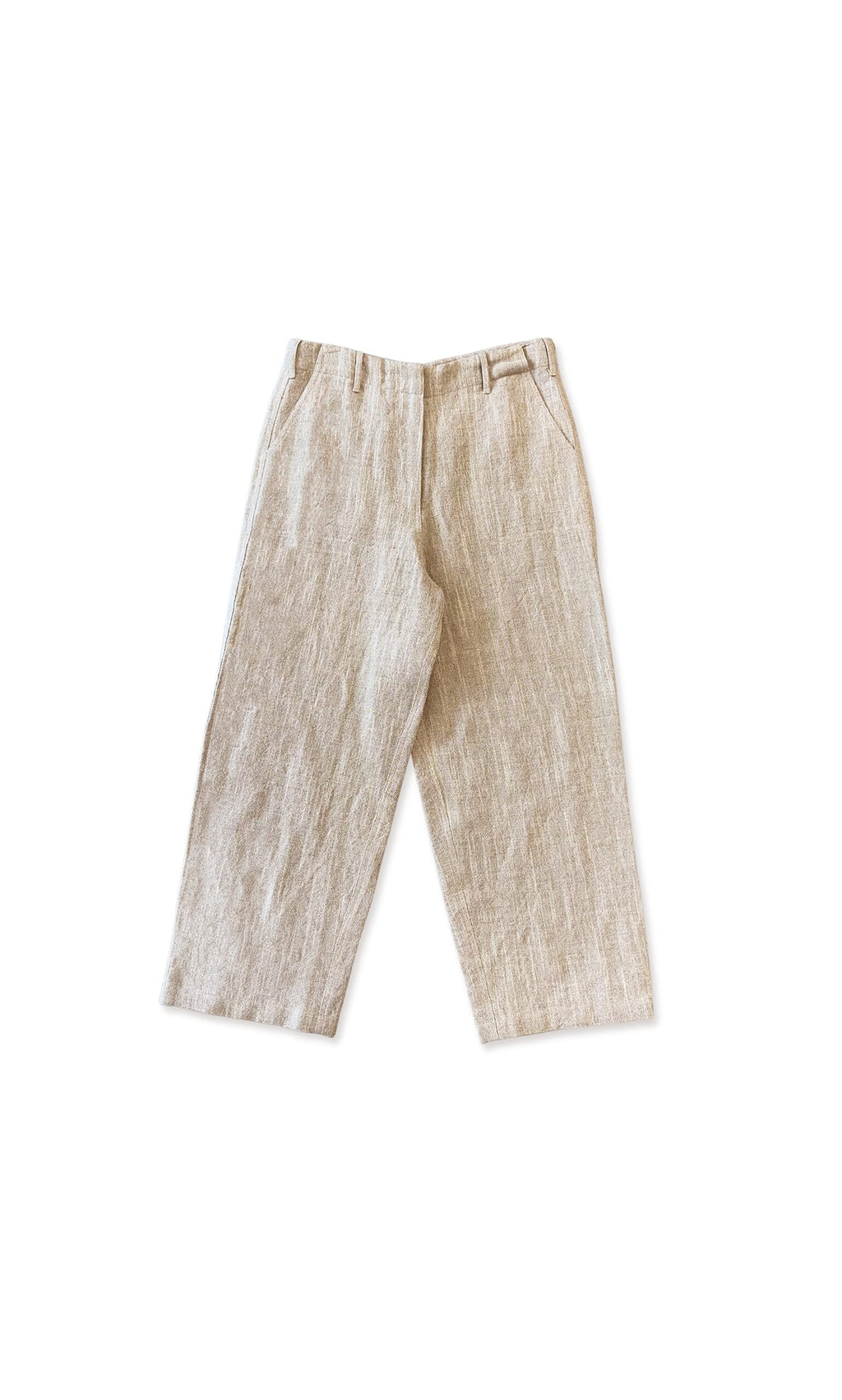 Plümo- Nolan Trousers: beige woven linen, relaxed fit with belt loops and side pockets, shown flat on a white background.