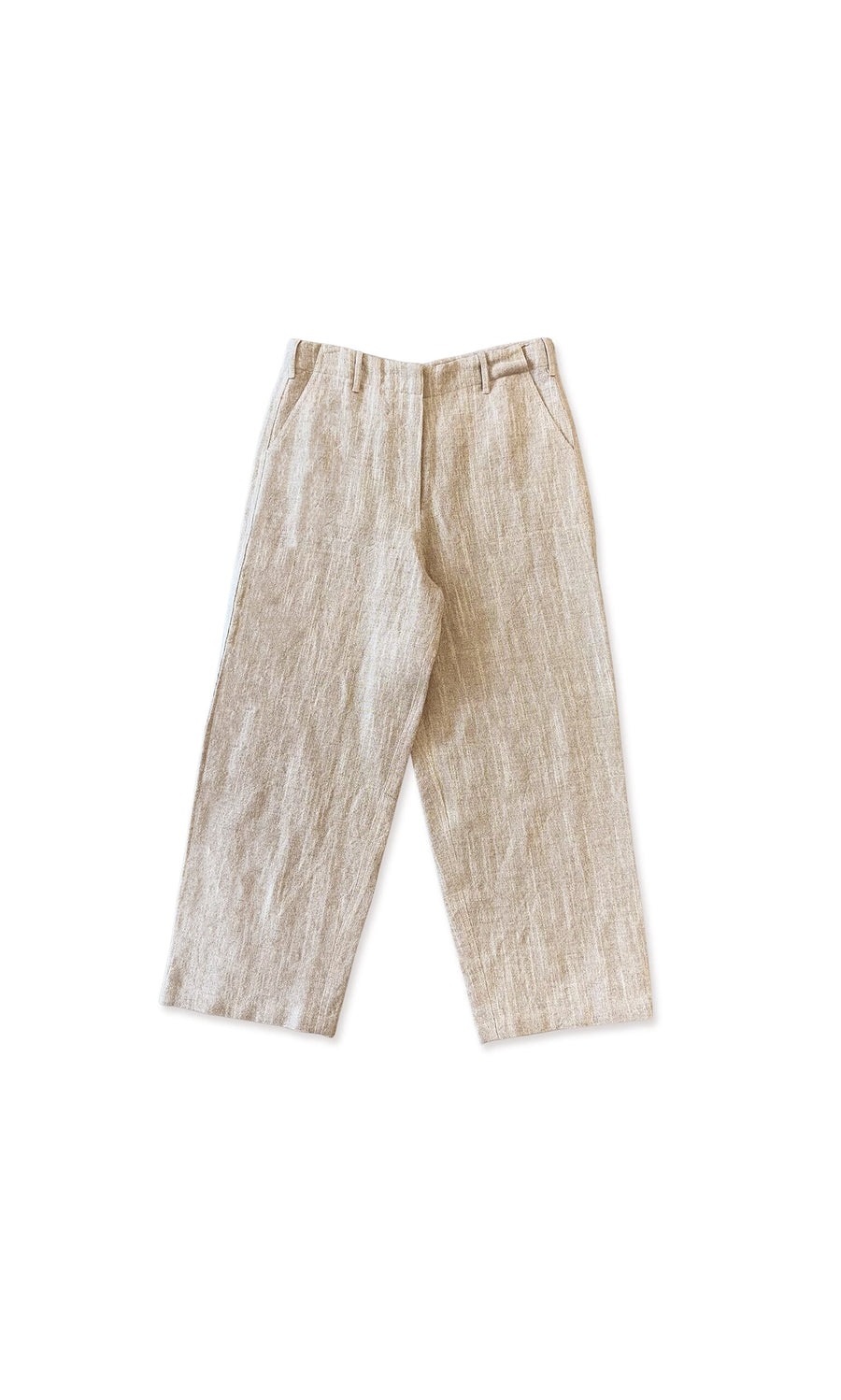 Plümo- Nolan Trousers: beige woven linen, relaxed fit with belt loops and side pockets, shown flat on a white background.