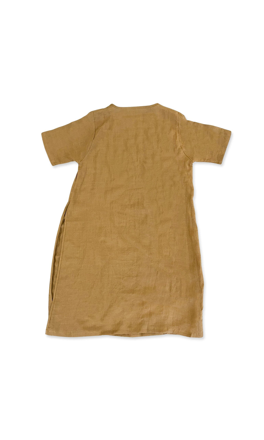 Plümo- Ocea Tunic: brown linen short sleeve, shown from the back; fits UK8-UK14.