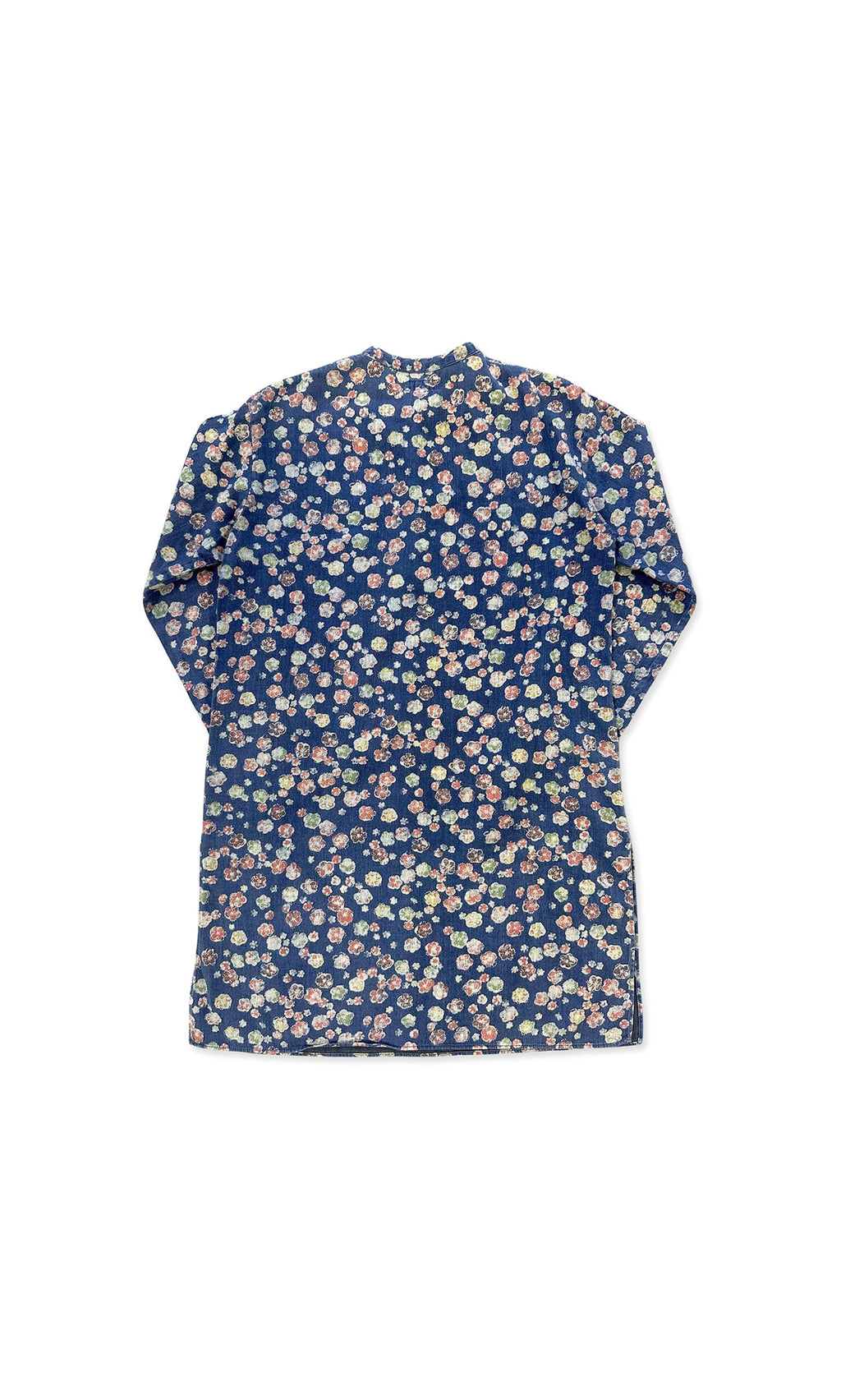 Plümo- Oline Tunic by RE Tokyo in blue with long sleeves and a meadow floral print, laid flat on white background.