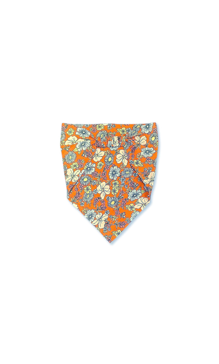 Plümo- Floral Bandana: Orange triangle scarf headband with blue, yellow, and white flowers on a white background.
