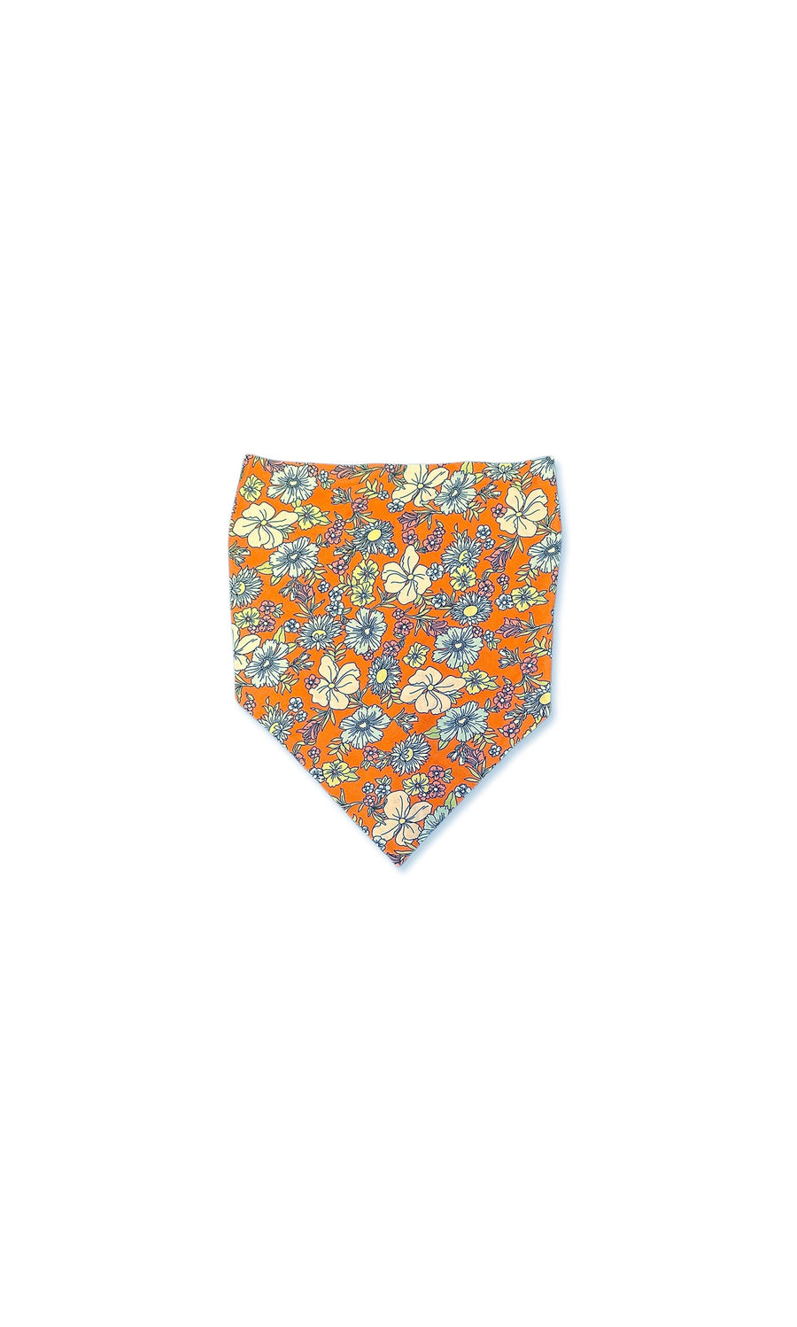Plümo- Floral Bandana: orange fabric with a colorful floral print, ideal as a triangle headband on white.