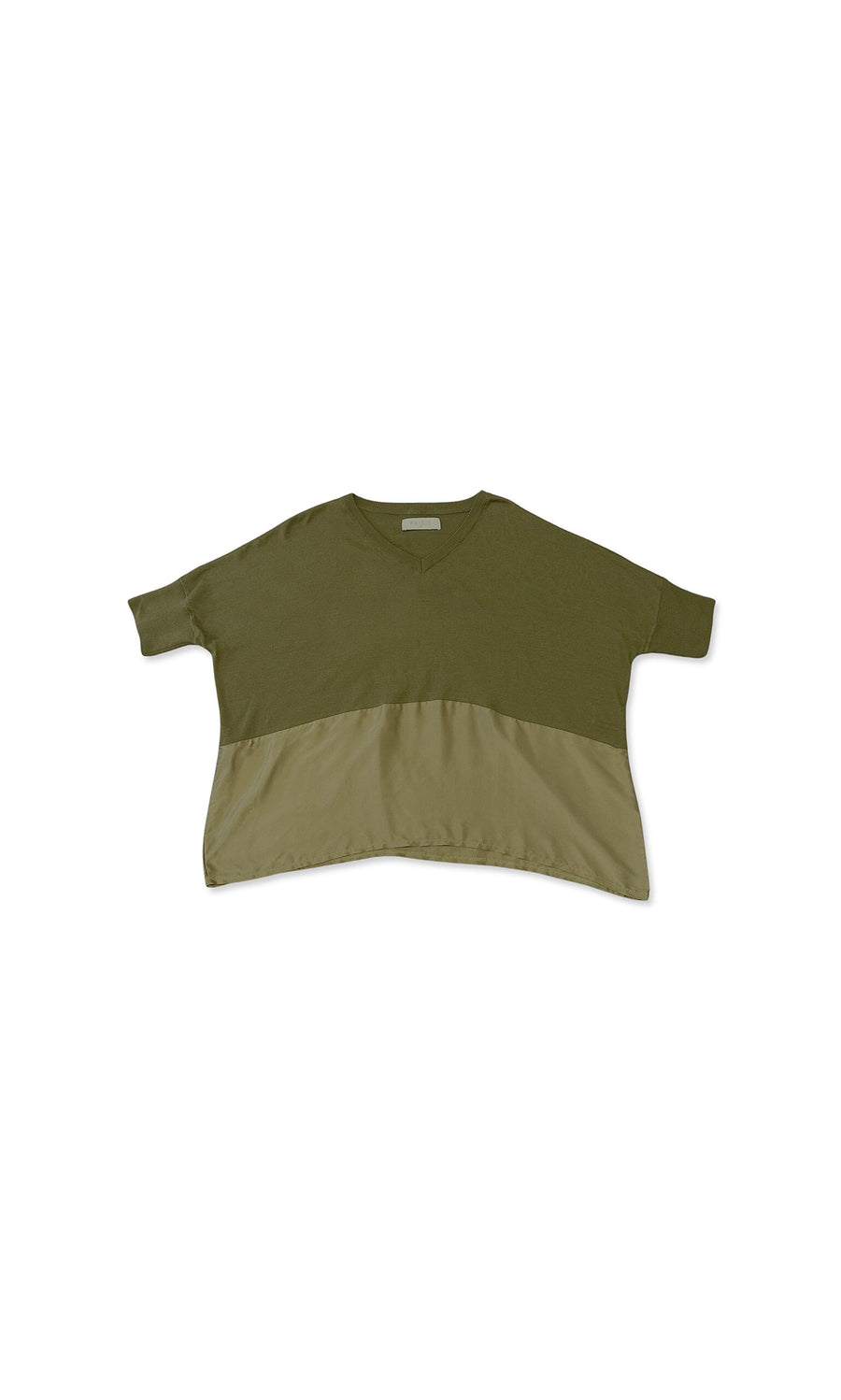 Plümo- Green Two-Tone Top with a V-neck and batwing sleeves in olive and light green, shown on a white background.
