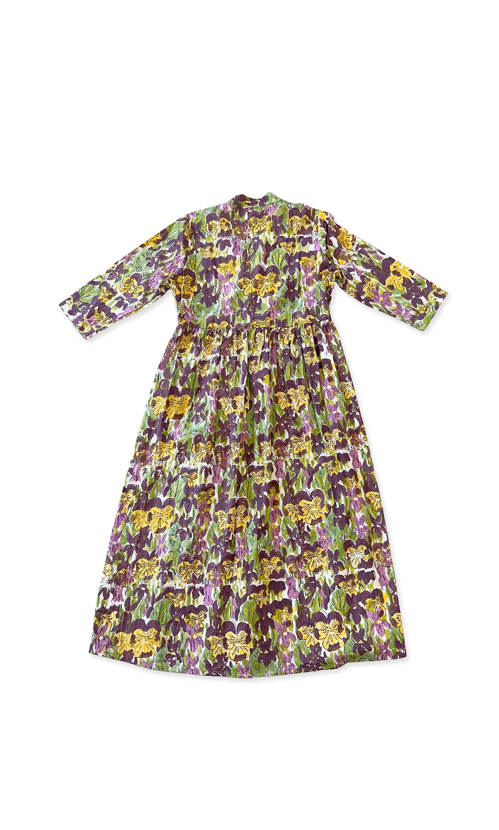 Plümo- Pansy Dress: Block-printed cotton with 3/4 sleeves in yellow, purple, and green, shown flat on white.