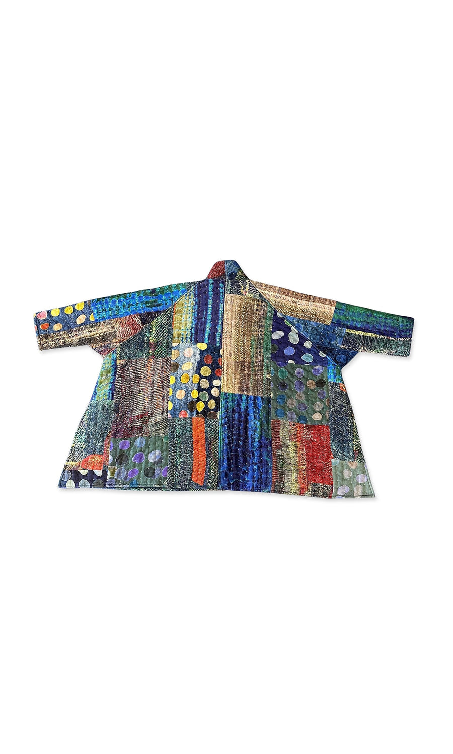 Plümo- Patch Quilt Kimono with vibrant patchwork and multicolored dots, shown against a white background.