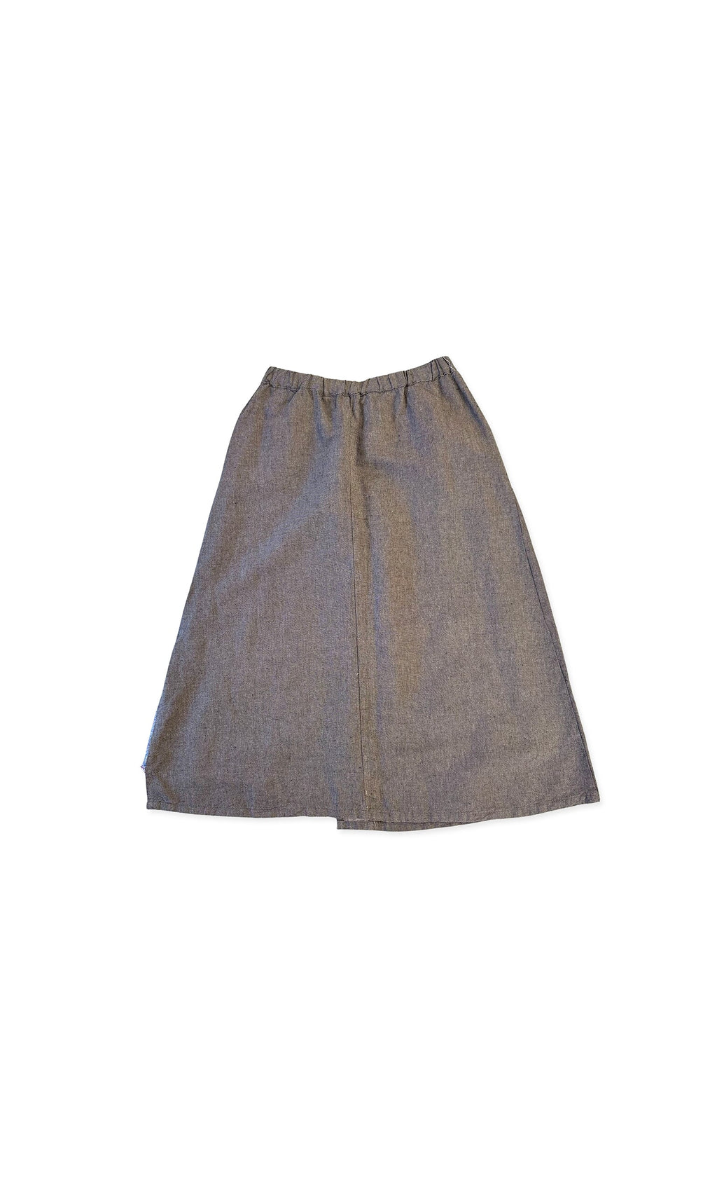 Plümo- Patch Skirt: gray calf-length with patchwork panels and elastic waistband, shown flat on a white background.