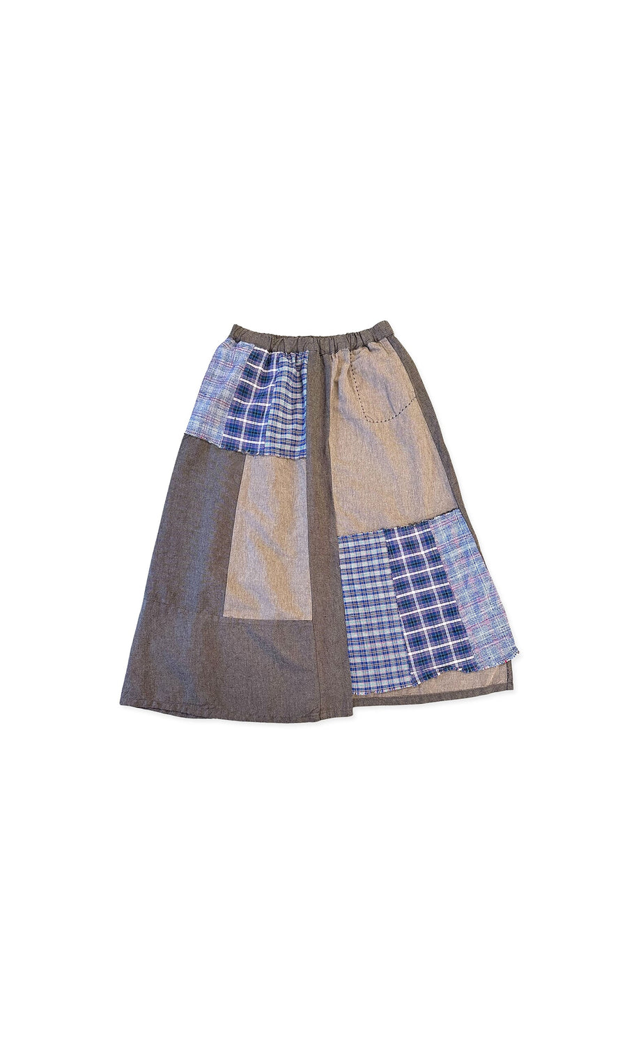 Plümo- Patch Skirt: Calf-length with blue plaid, tan, and gray patchwork on crisp white; one size fits most.