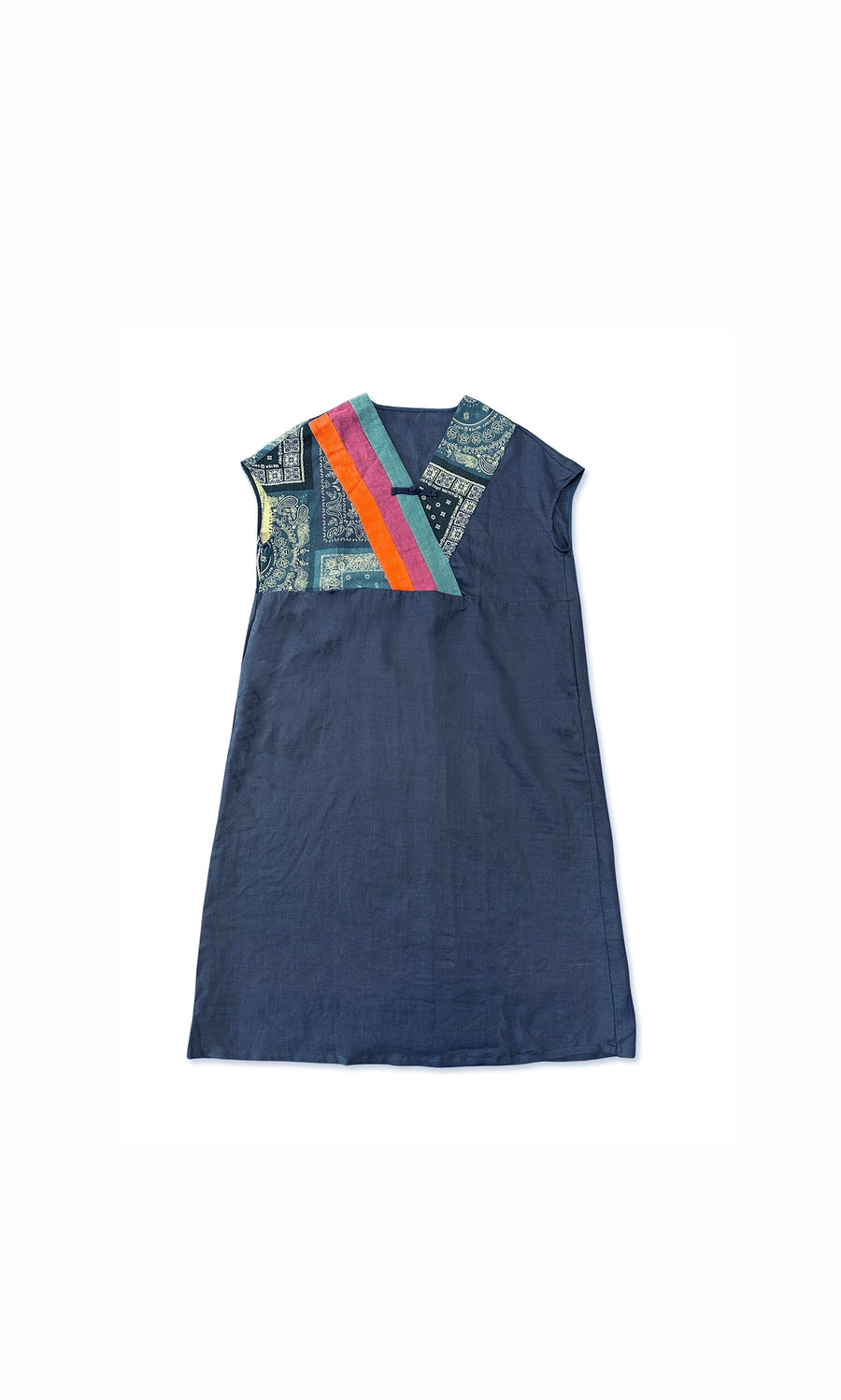 Plümo- Peace Dress: Navy sleeveless style with a multicolored diagonal stripe and pattern on the upper left front.