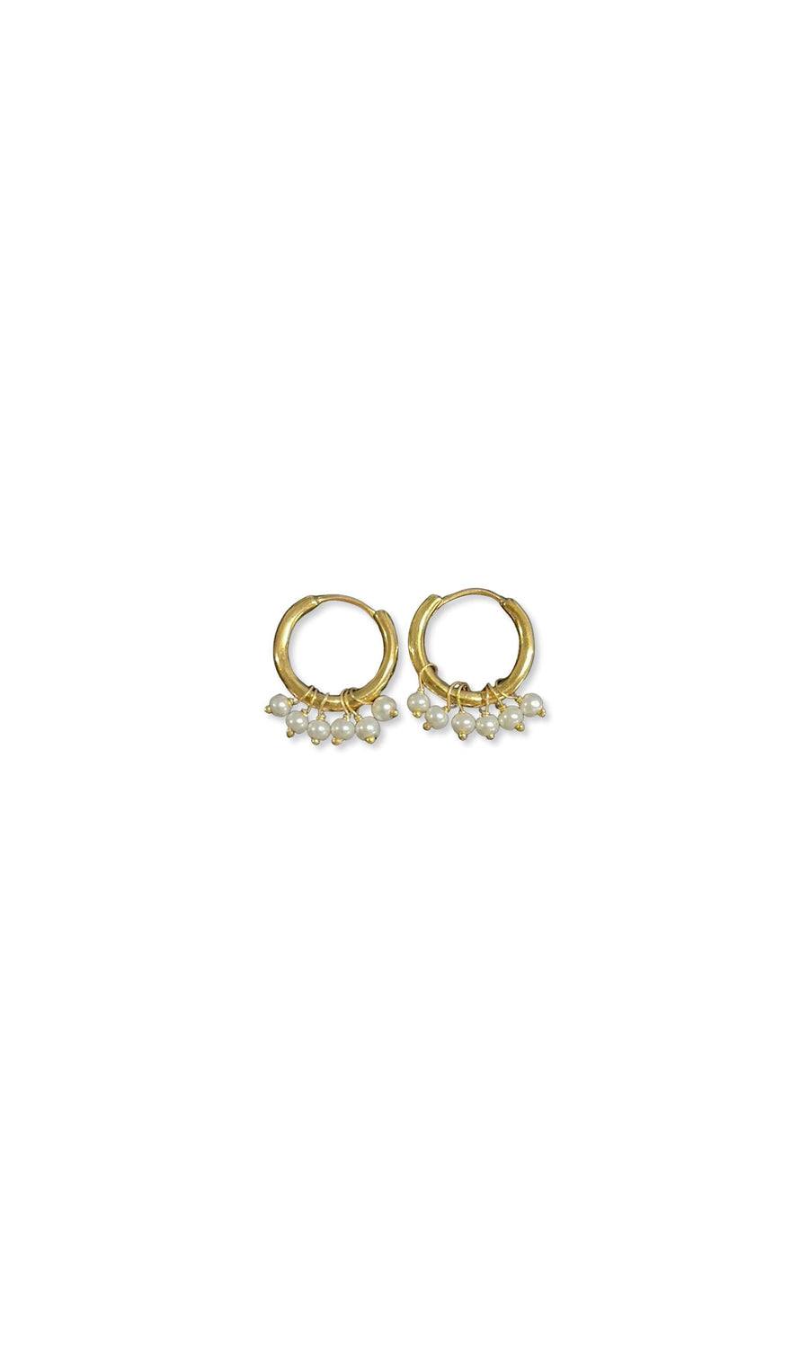 Plümo- Pearly Hoops: gold click-closure earrings with dangling white pearls, shown on a plain white background.