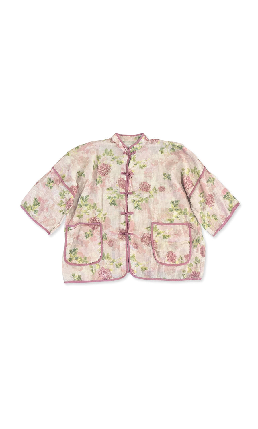 Plümo- Pink Peony Jacket: light pink floral cotton, Asian silhouette, patch pockets, pink trim, and frog closures.