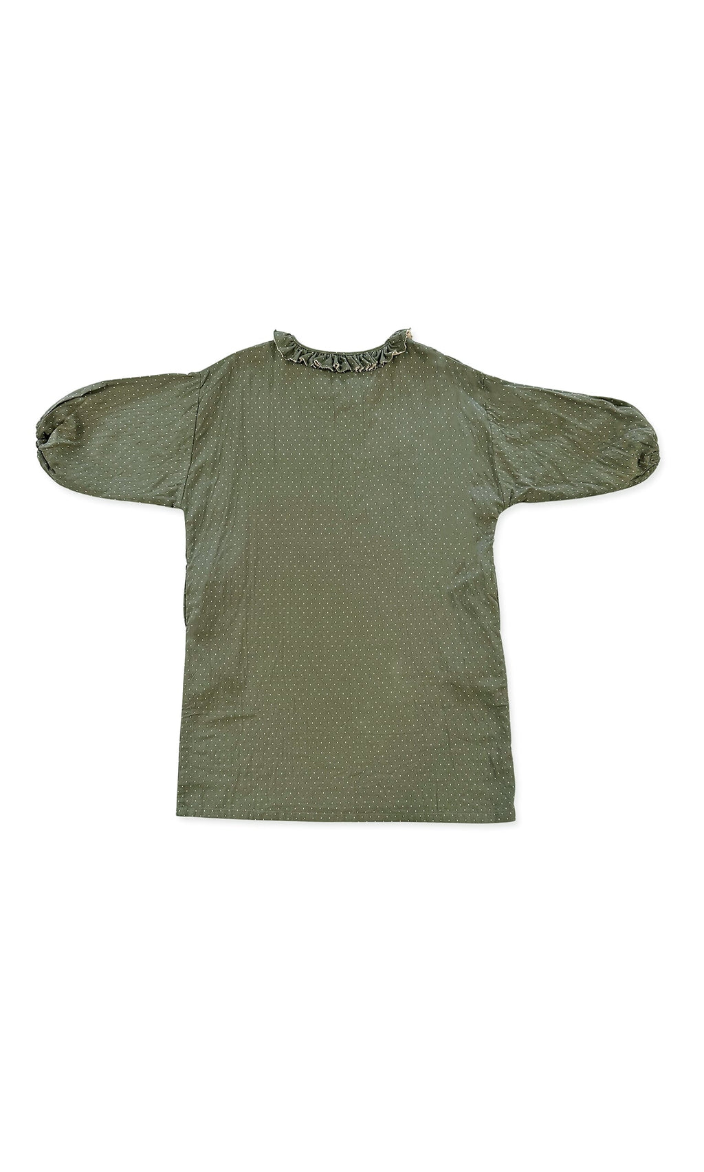 Plümo- Pippin Dress in olive green with ruffled neckline, long sleeves, relaxed fit, and subtle textured pattern, flat on white.
