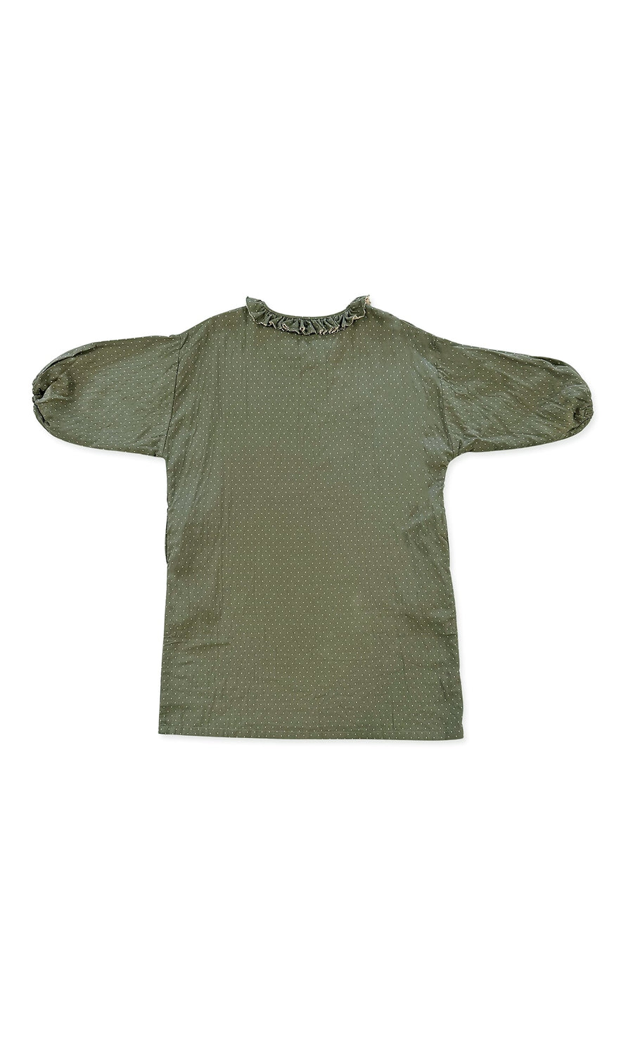 Plümo- Pippin Dress in olive green with ruffled neckline, long sleeves, relaxed fit, and subtle textured pattern, flat on white.