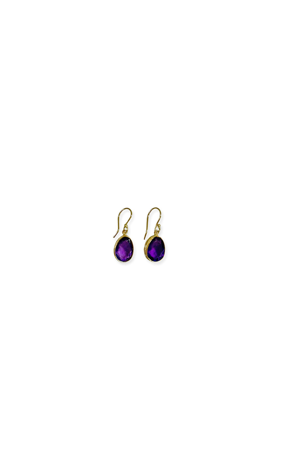 Plümo- Amethyst Earrings: Gold-plated hooks with round amethyst stones in bezel settings, shown on white.