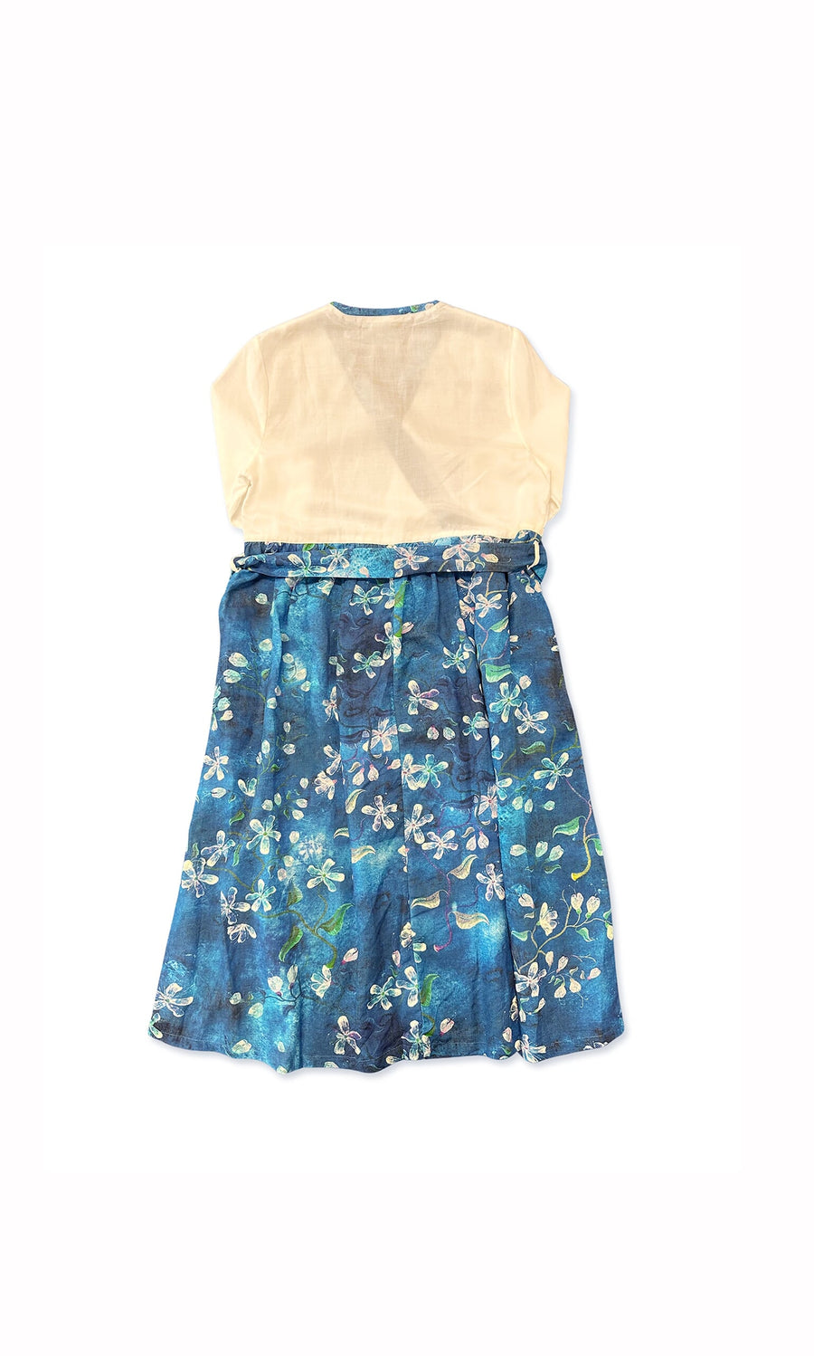 Plümo- Quing Floral Dress in cream with short sleeves and blue floral skirt, laid flat on a white background.