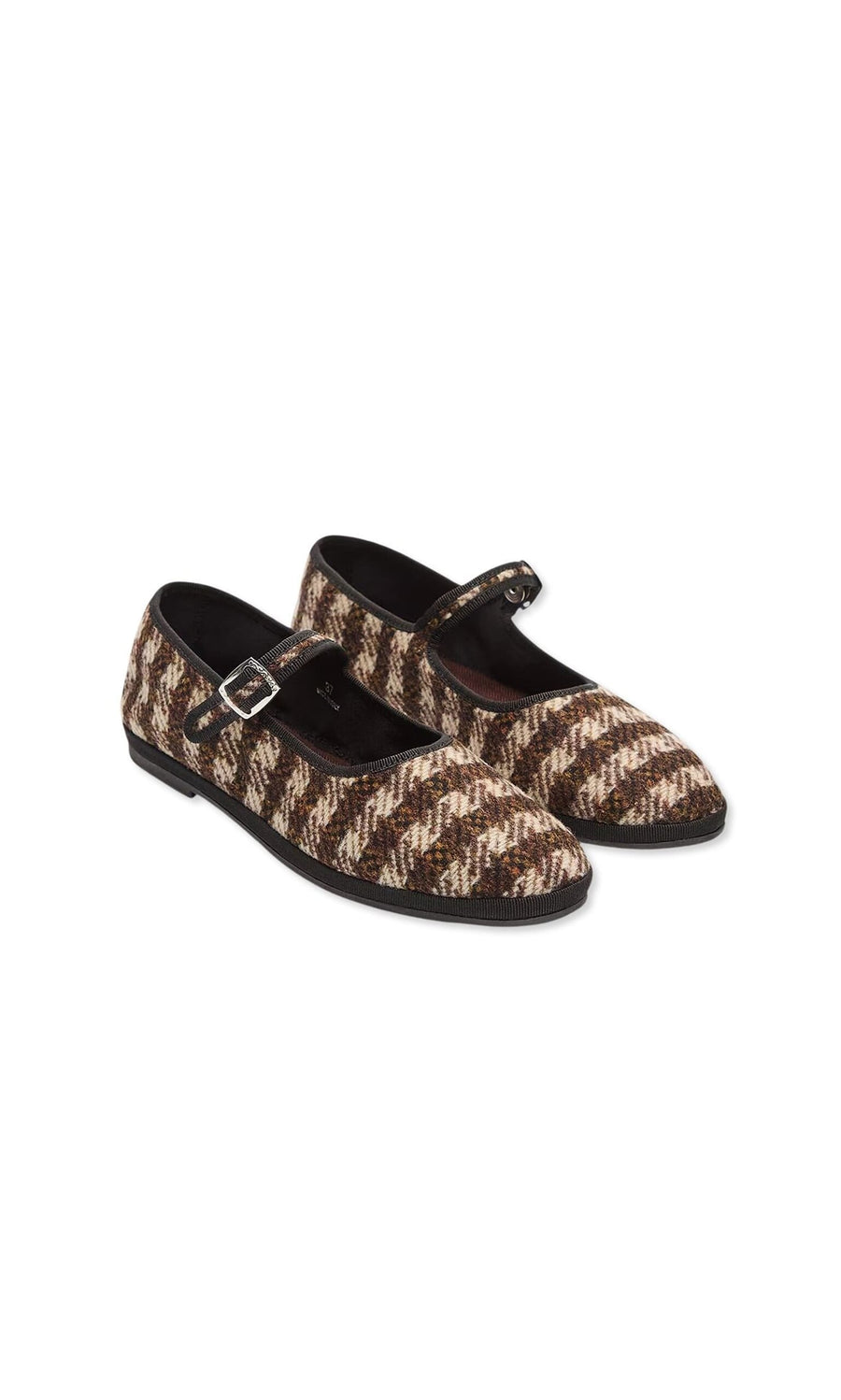 Plümo- Quill Flats - Photoshoot Sample: Brown and cream houndstooth Mary Jane flats with buckle strap and black trim.