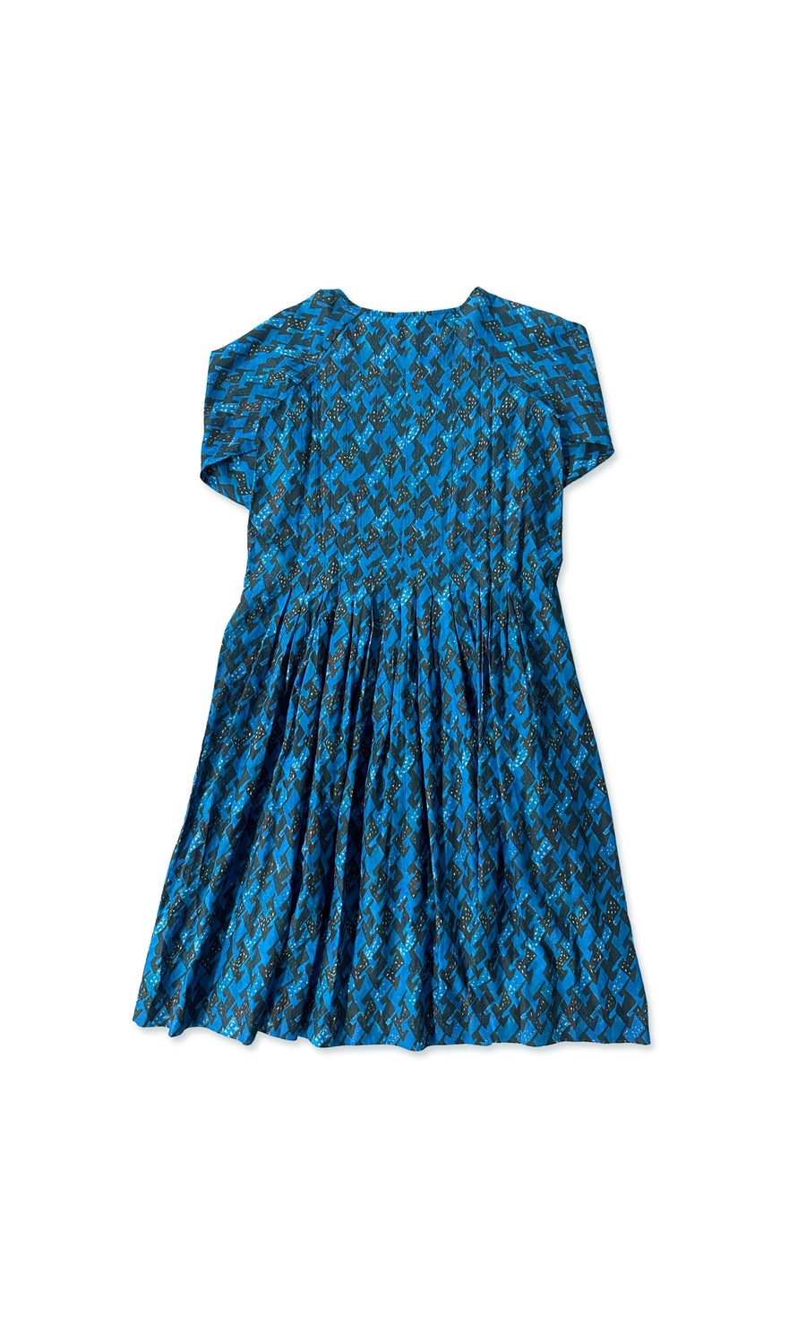 Plümo- Lovia Dress in cobalt blue with geometric pattern and gathered skirt, shown flat on a white background.