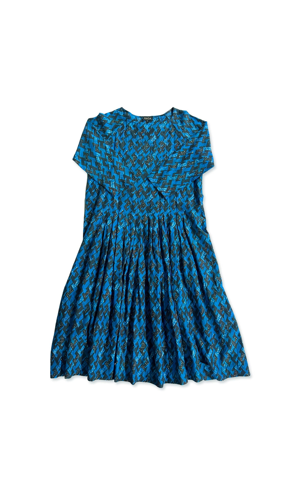 Plümo- Lovia Dress: cobalt blue with black geometric patterns, flared skirt, shown flat on a white background.
