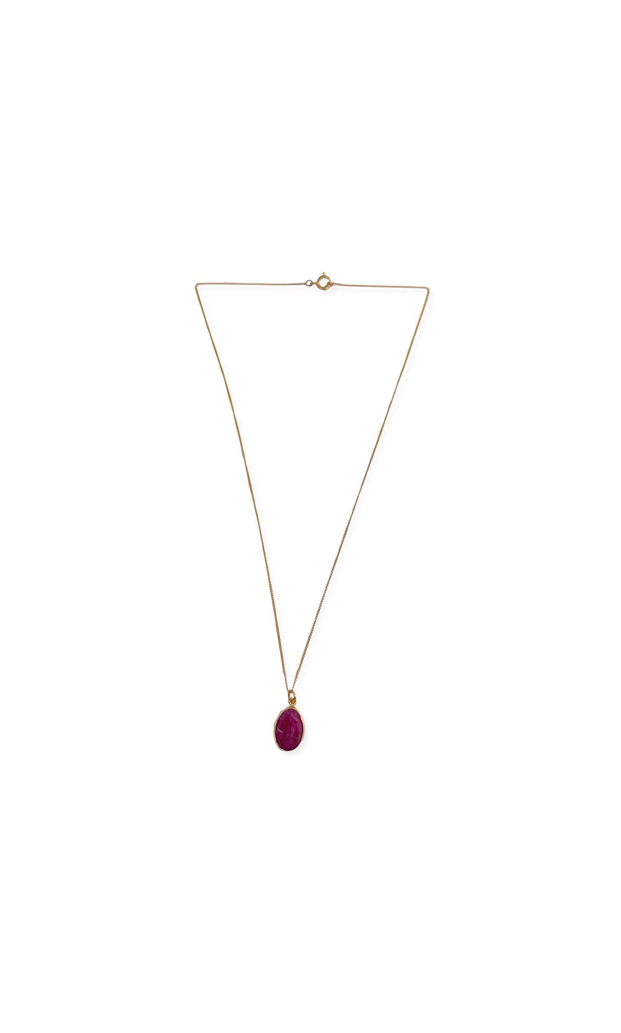 Plümo- Red Sillimanite Necklace: Gold link chain with bezel-set small oval red sillimanite on a white background.