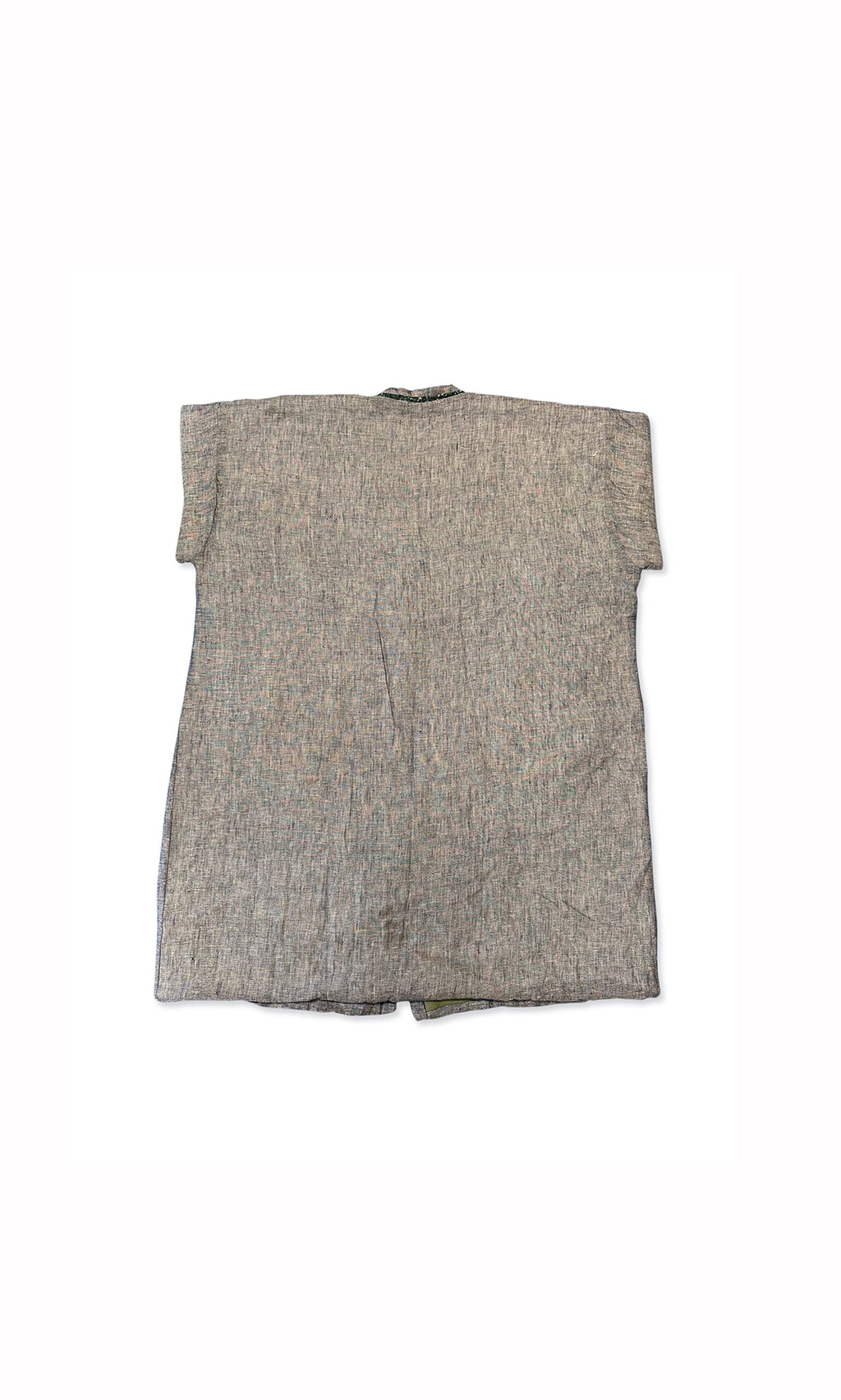 Plümo- The Akira Padded Coat is a short-sleeved, rectangular gray jacket with floral trim, shown flat on a white background.