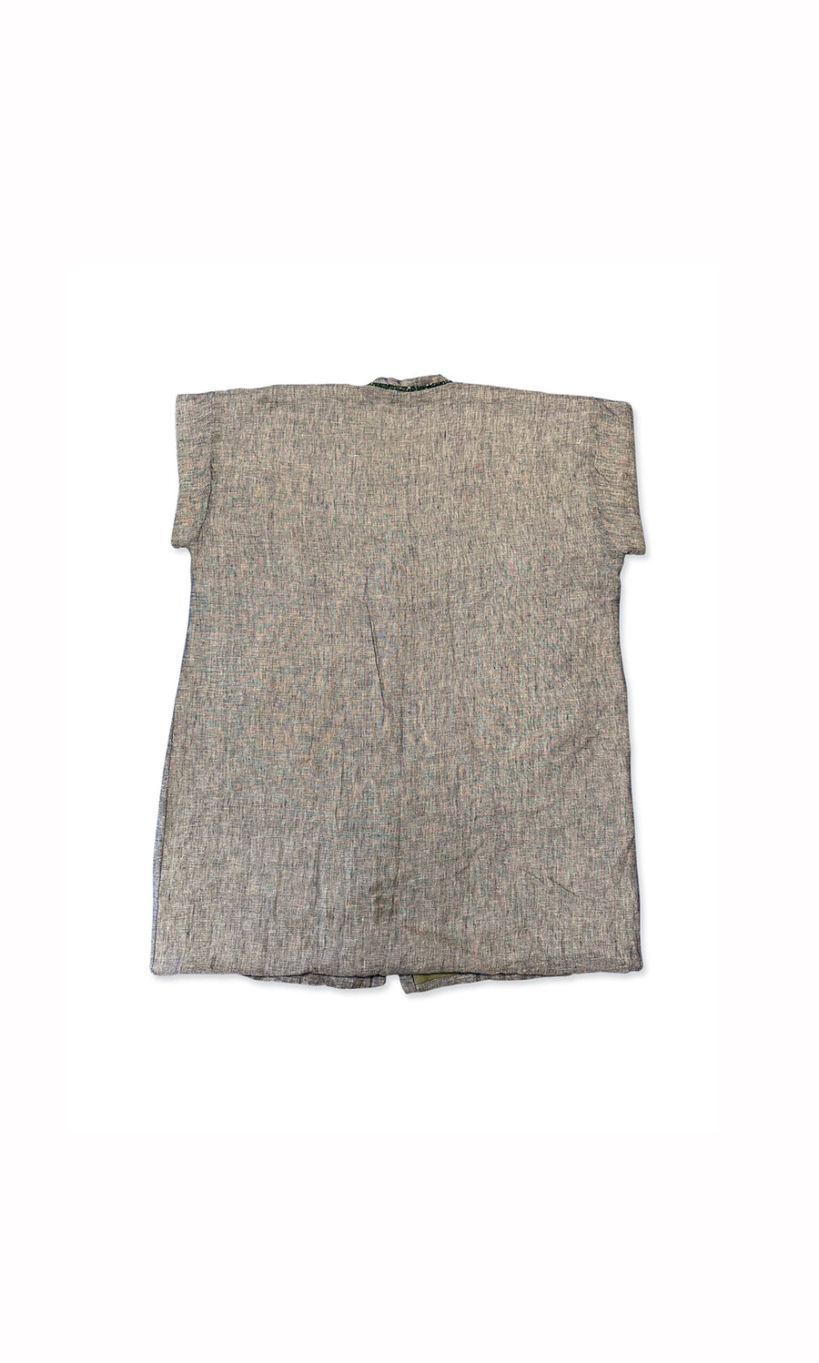 Plümo- The Akira Padded Coat is a short-sleeved, rectangular gray jacket with floral trim, shown flat on a white background.