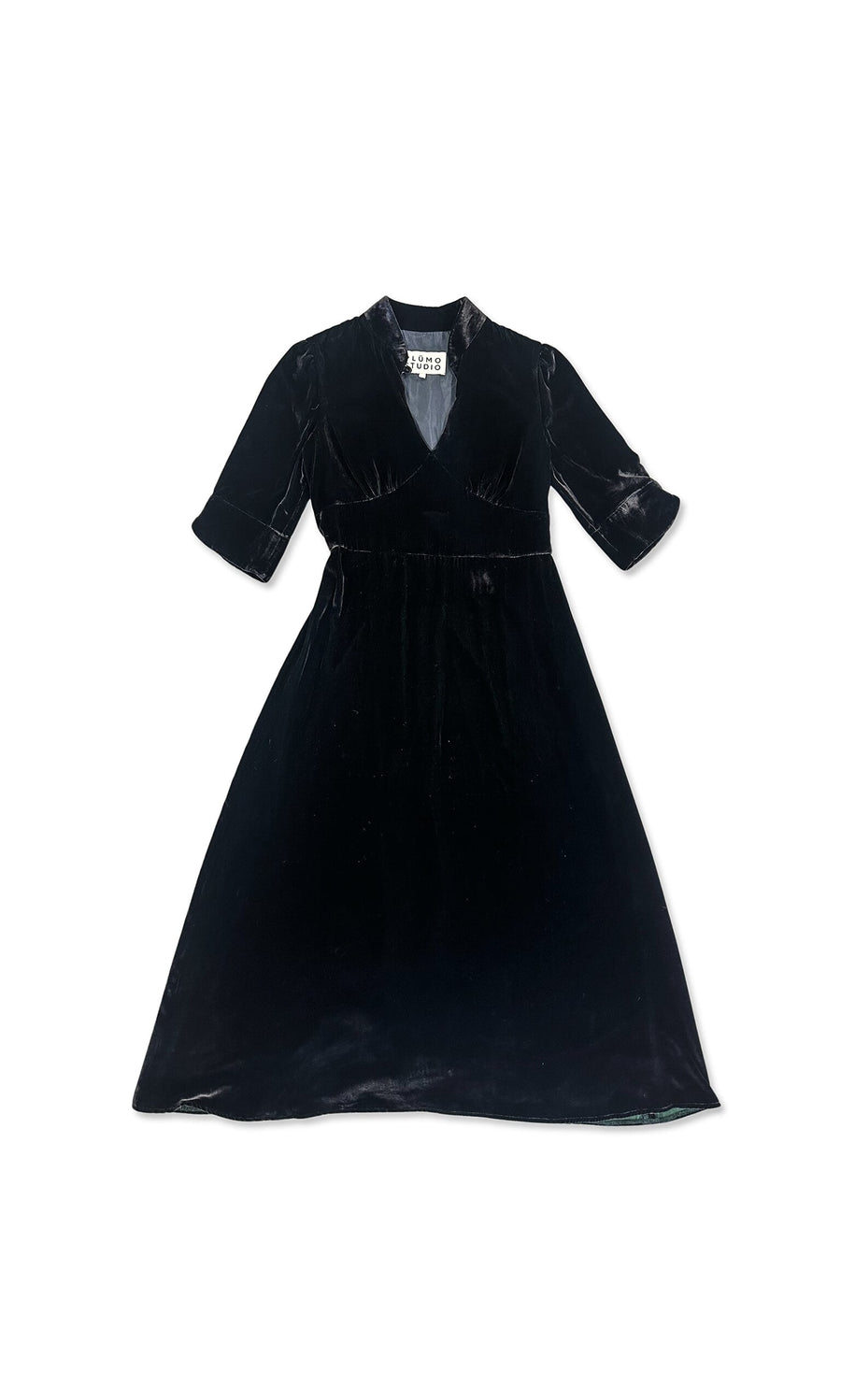 Plümo- Rosalie Velvet Dress, UK 10, black velvet with three-quarter sleeves and V-neckline, on white background.