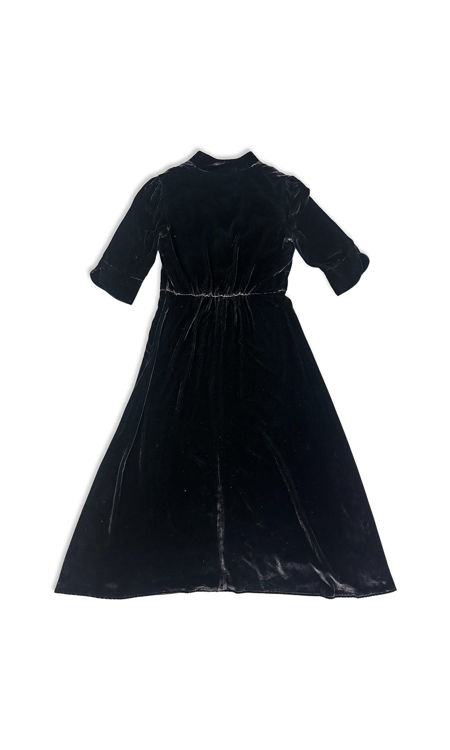 Plümo- Rosalie Velvet Dress, UK 10, black velvet with V-neck, elbow sleeves, cinched waist, shown flat on white background.