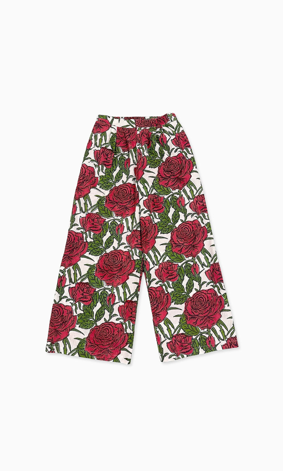 Plümo- Rose Trousers: Wide leg cotton trousers with bold red rose and green leaf block print on white, shown laid flat.