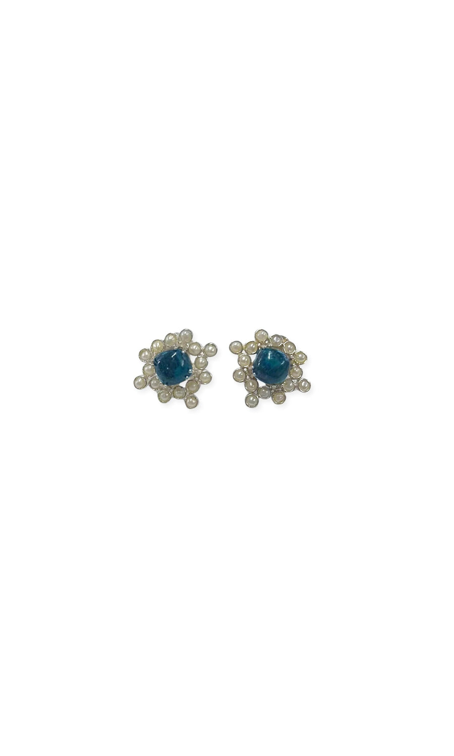 Plümo- Roselin Earrings: turquoise studs with blue center stones and clear crystals in a floral design on a white background.
