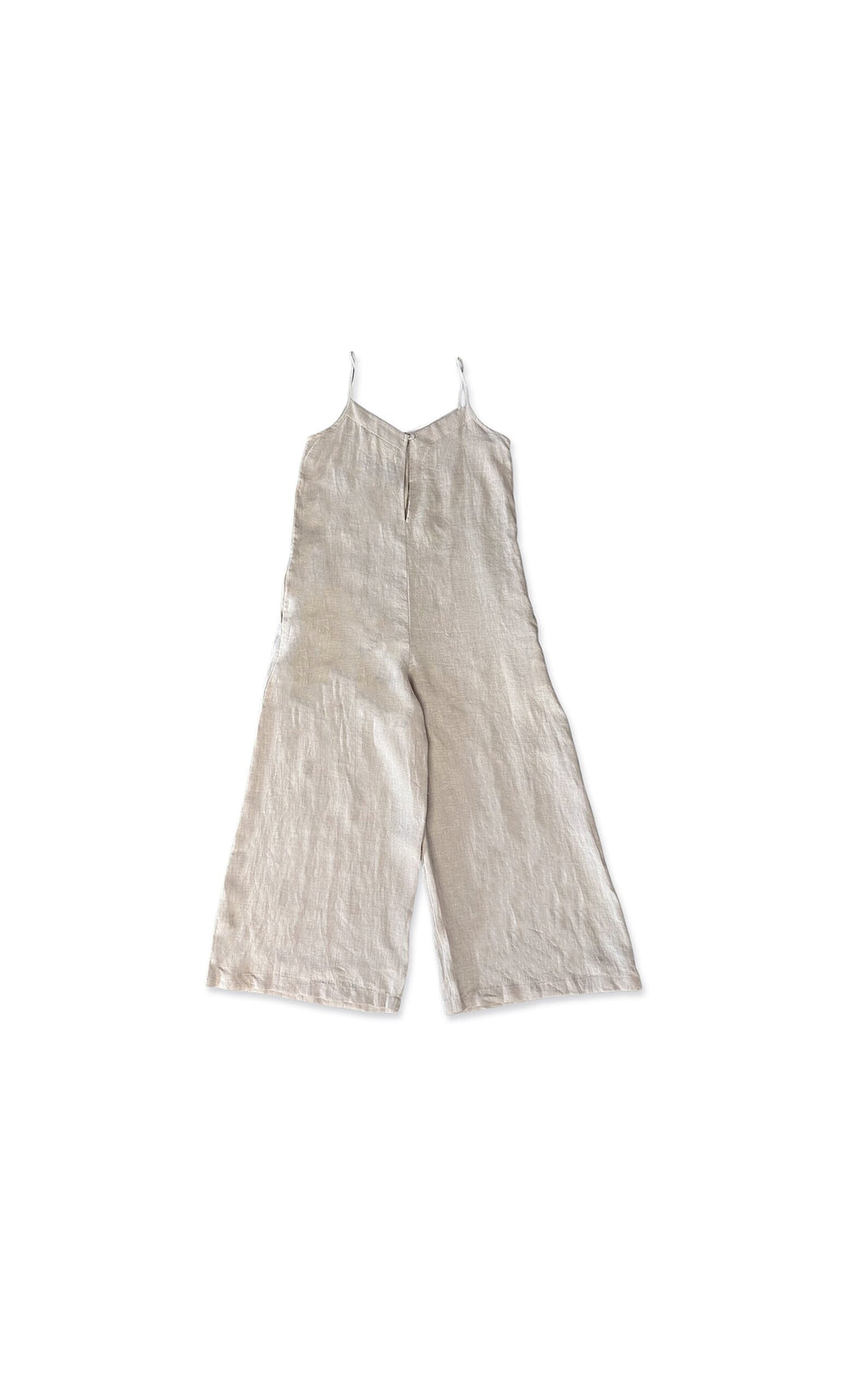 Plümo- Rune Jumpsuit in beige linen, featuring thin spaghetti straps and wide legs, shown flat on a white background.